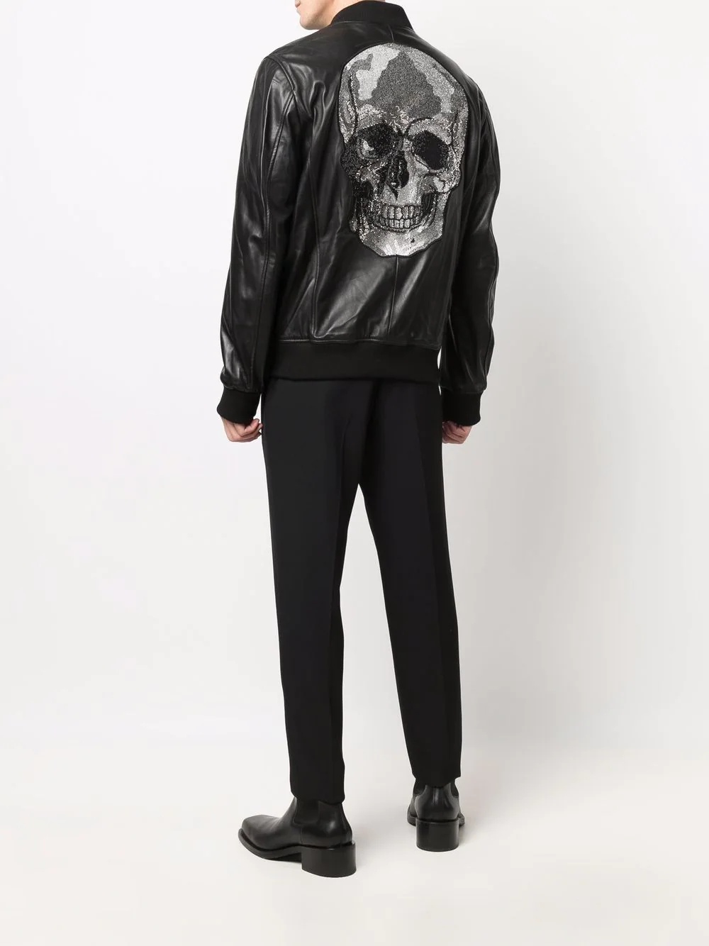 rhinestone skull leather bomber jacket - 2