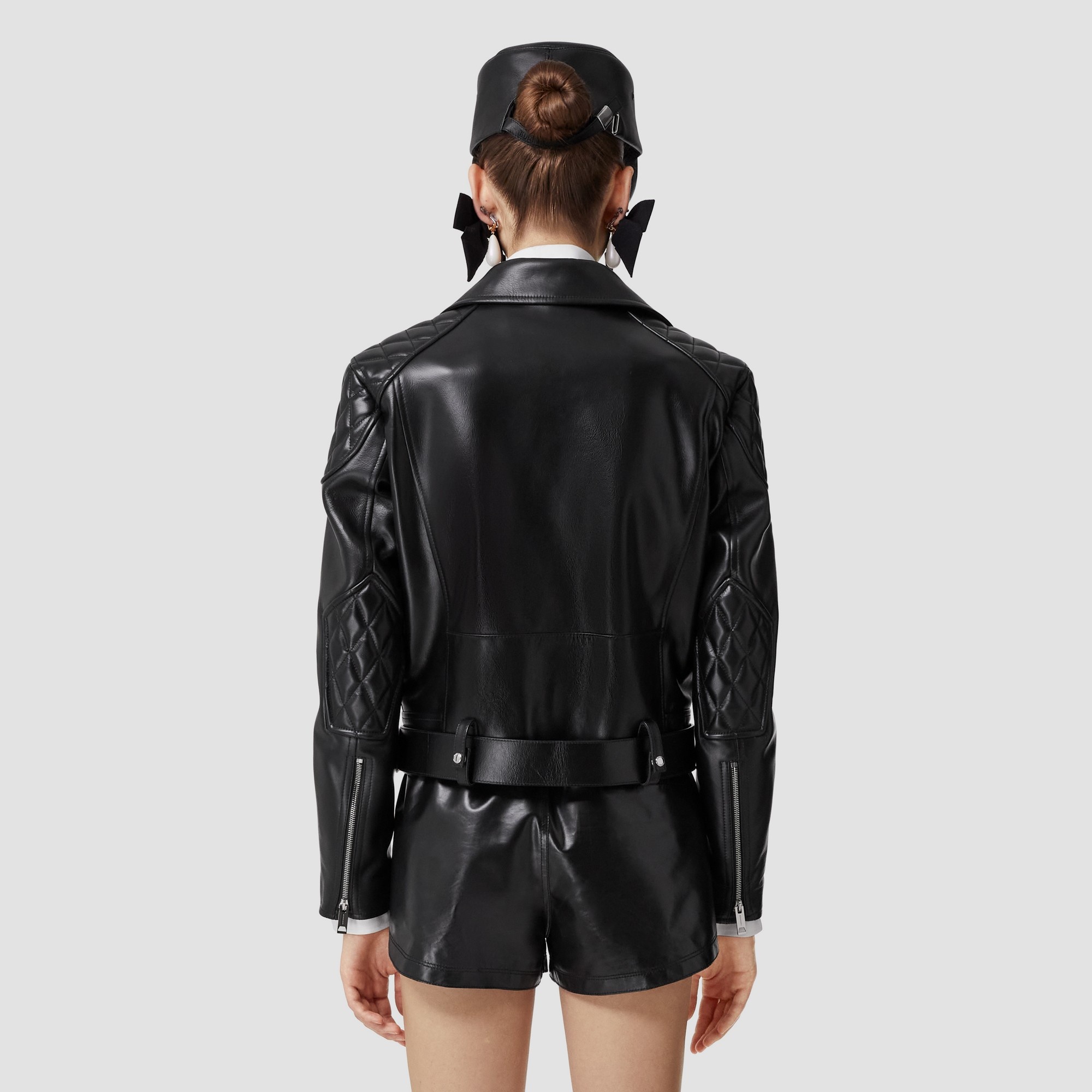 Diamond Quilted Panel Leather Biker Jacket - 3