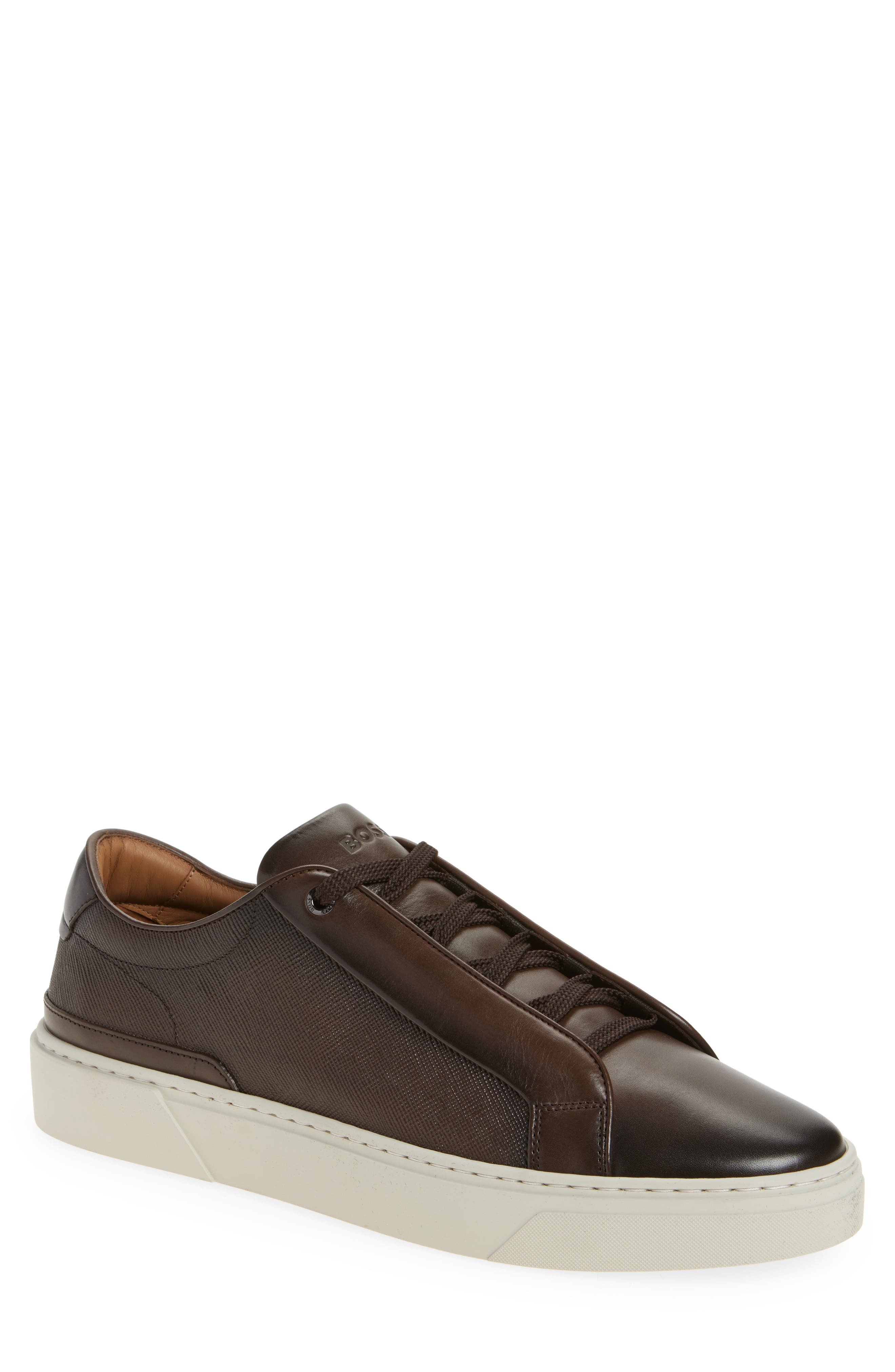 BOSS Gary Textured Leather Low Top Sneaker in Dark Brown at Nordstrom - 1
