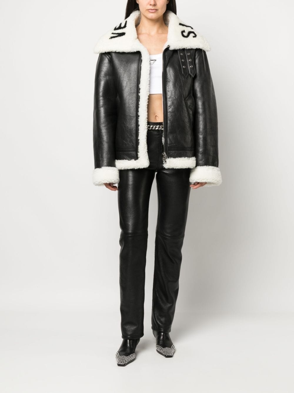 logo-collar lambskin jacket - 3