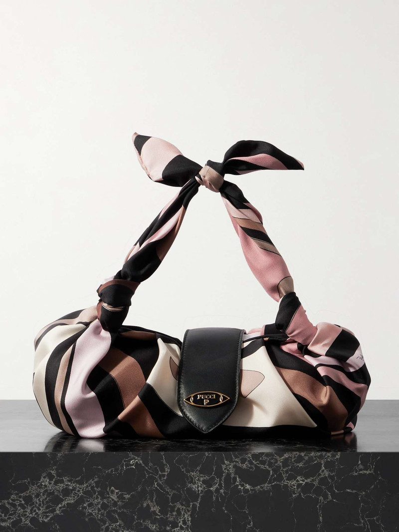 Leather-trimmed knotted printed silk-twill shoulder bag Pink 1
