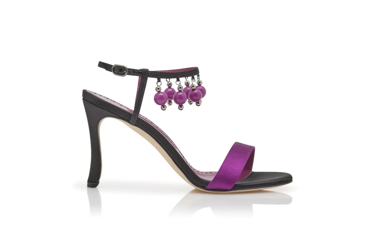 Black and Purple Satin Ankle Strap Sandals - 1