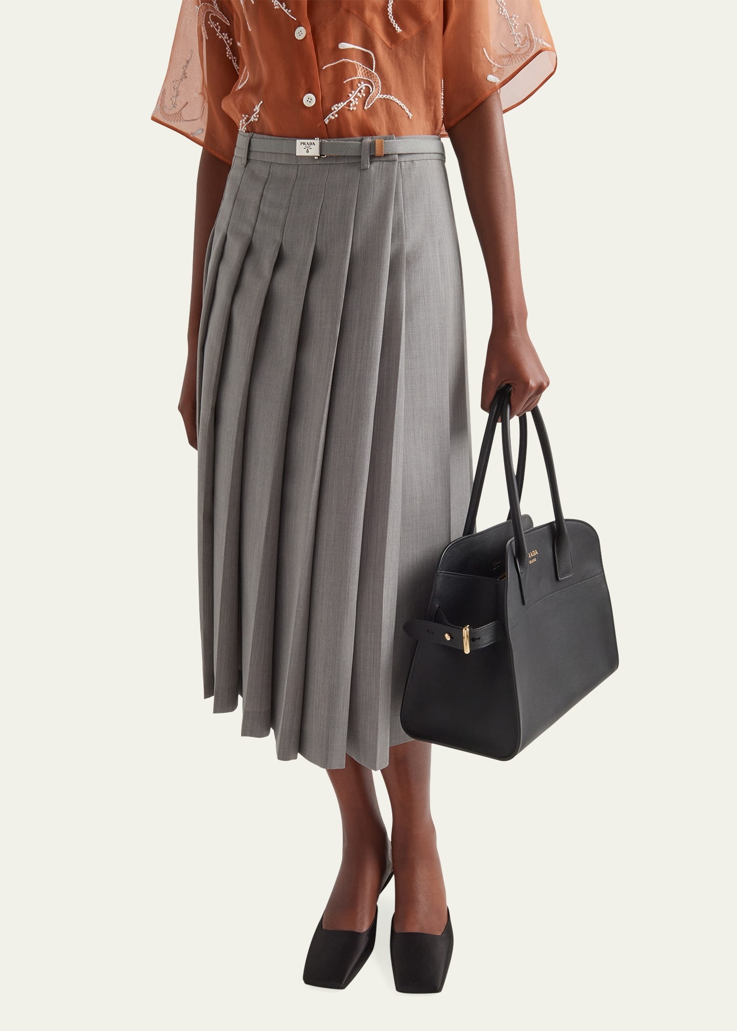 Pleated Kid Mohair Belted Midi Skirt - 4