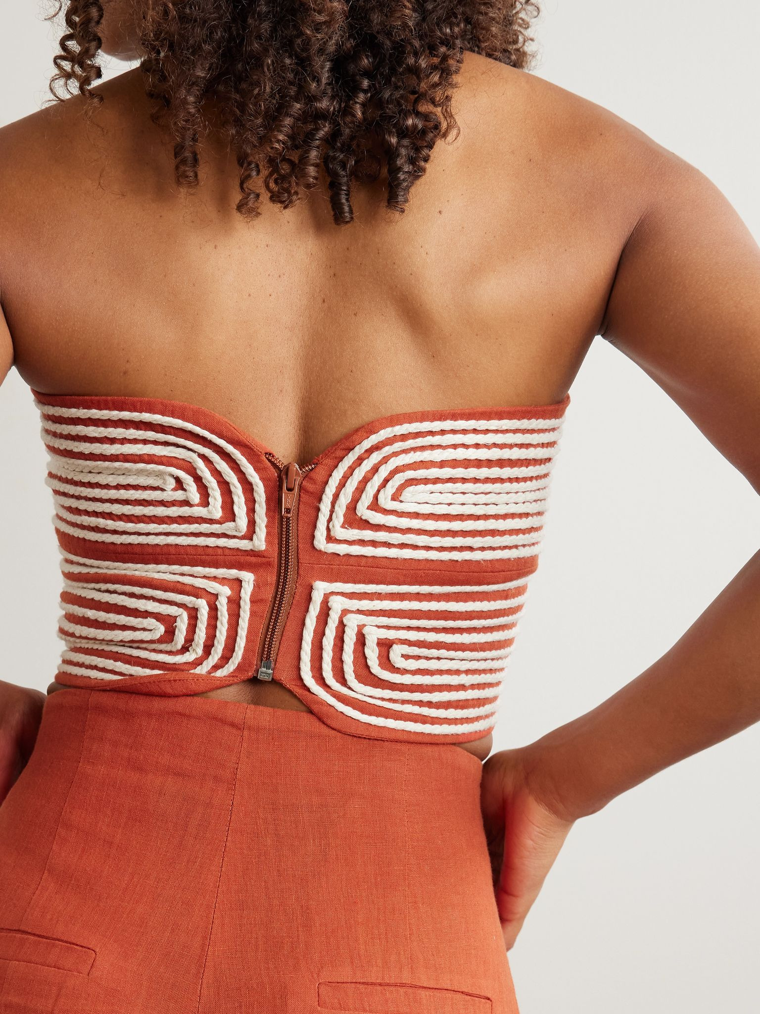 Baia cutout embroidered linen bustier top Brick - 3