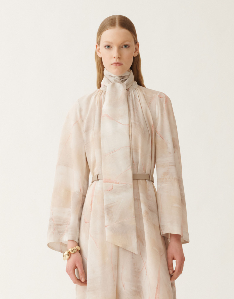Printed crepe de chine dress, butter 6