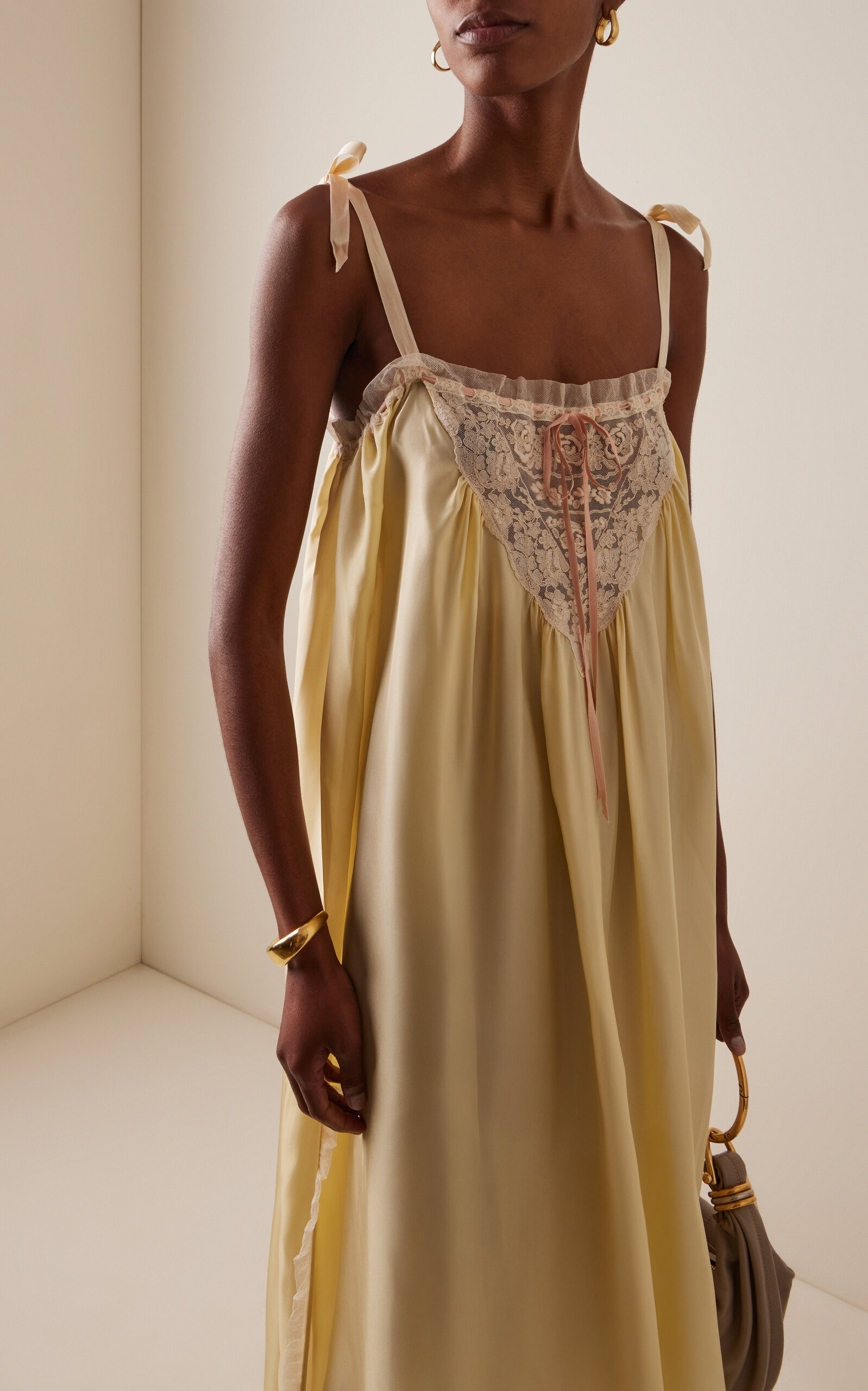 Lace-Trimmed Silk Habotai Maxi Dress yellow - 3