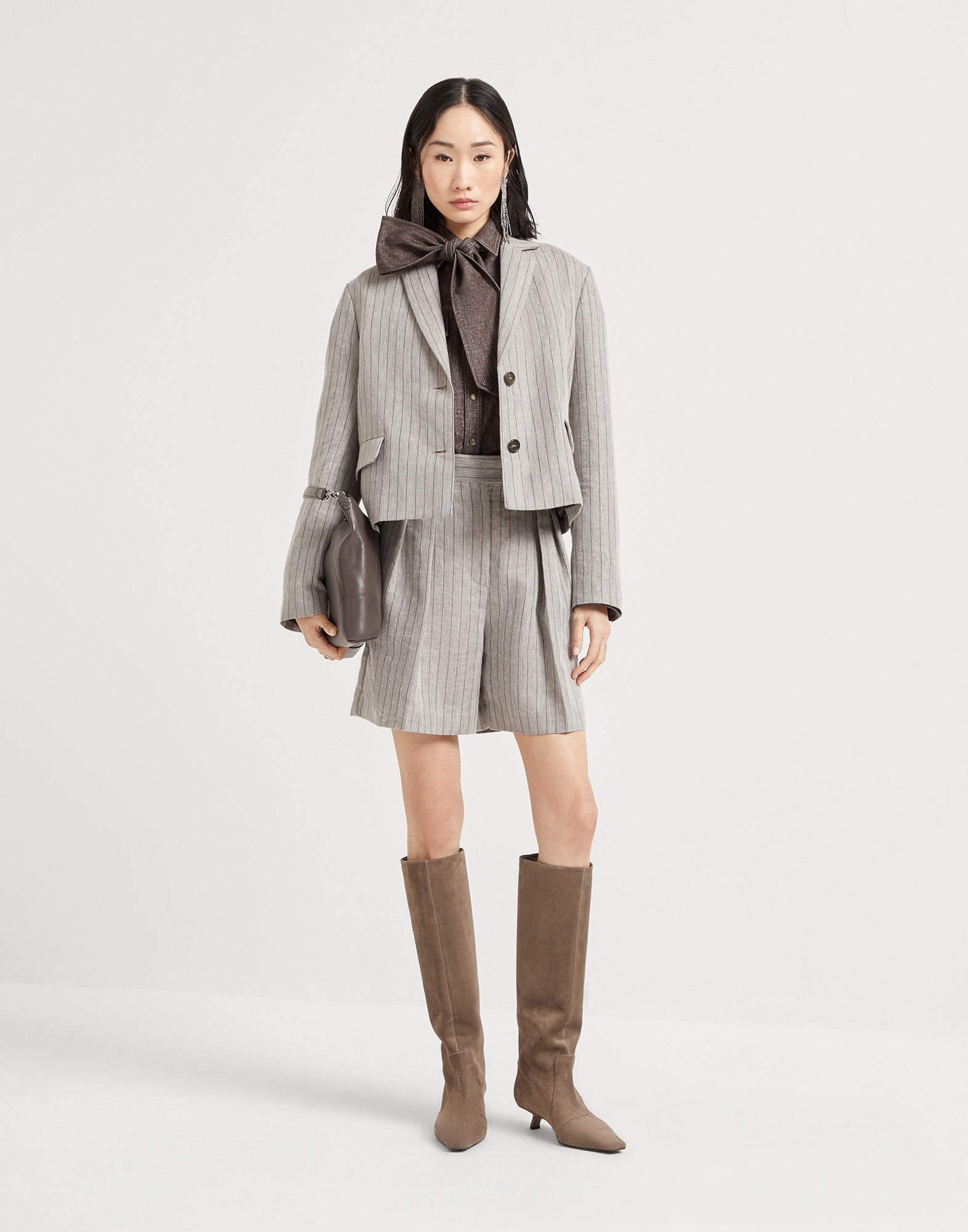 Techno linen chalk stripe chevron cropped blazer with monili - 5