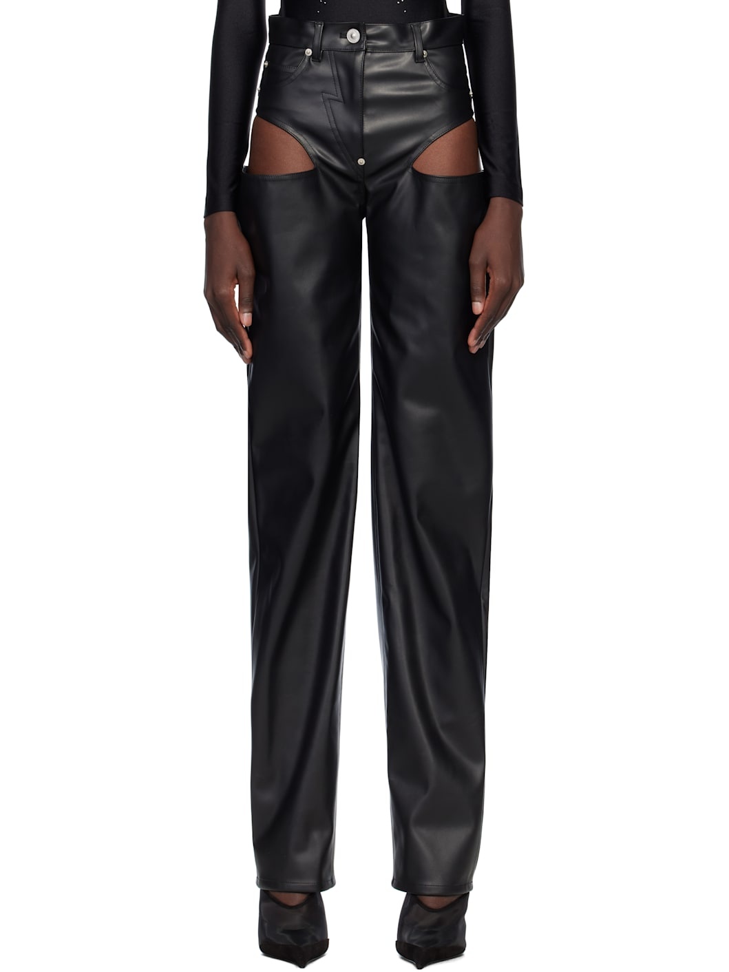 Black Side Cutout Faux-Leather Pants - 1