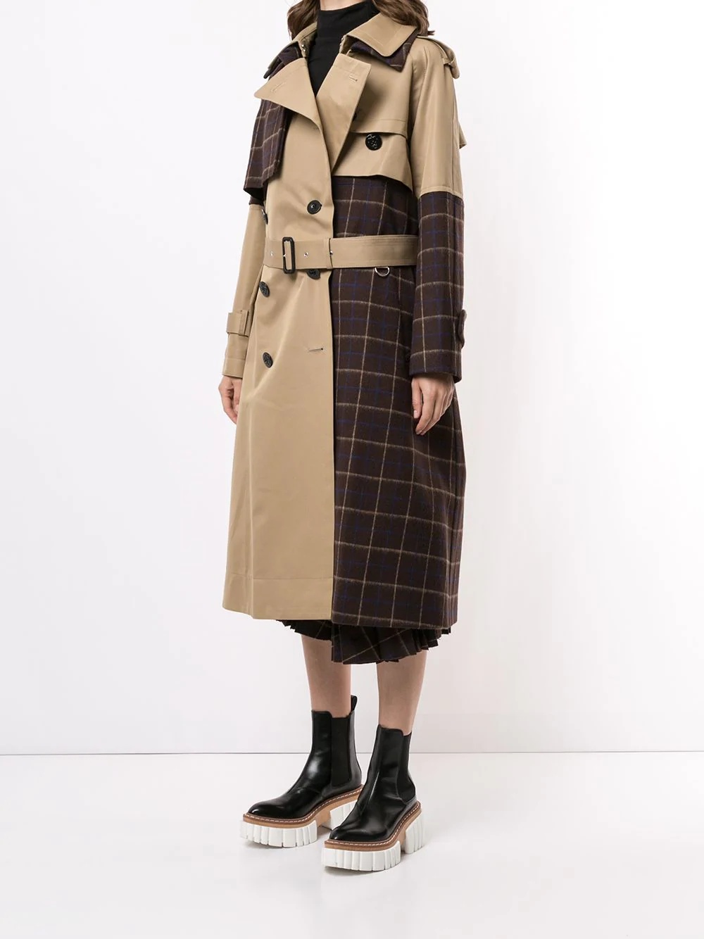 plaid panel trench coat - 3