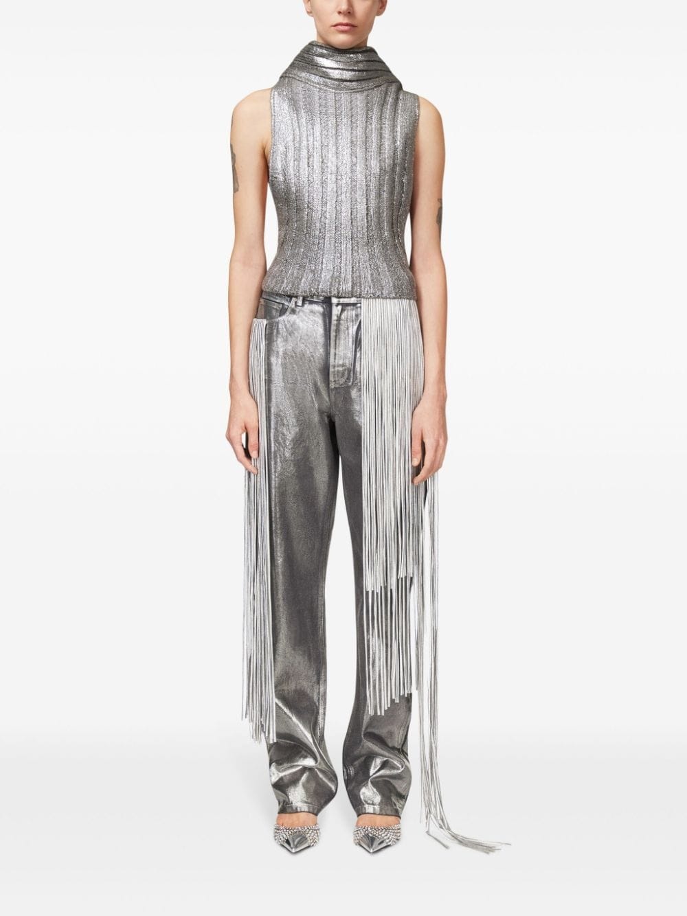 metallic fringed straight-leg jeans - 3