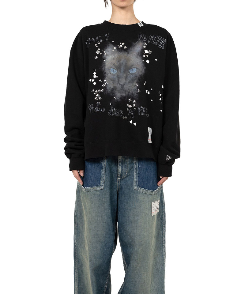 Cat Printed Embellished Distressed Sweatshirt 9