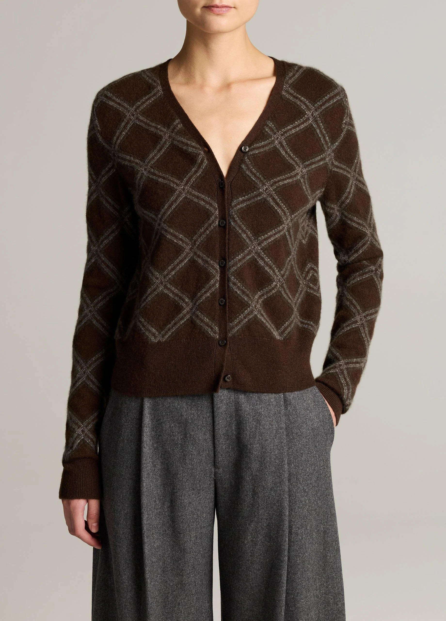 Diamond Plaid Cashmere V-Neck Cardigan - 1