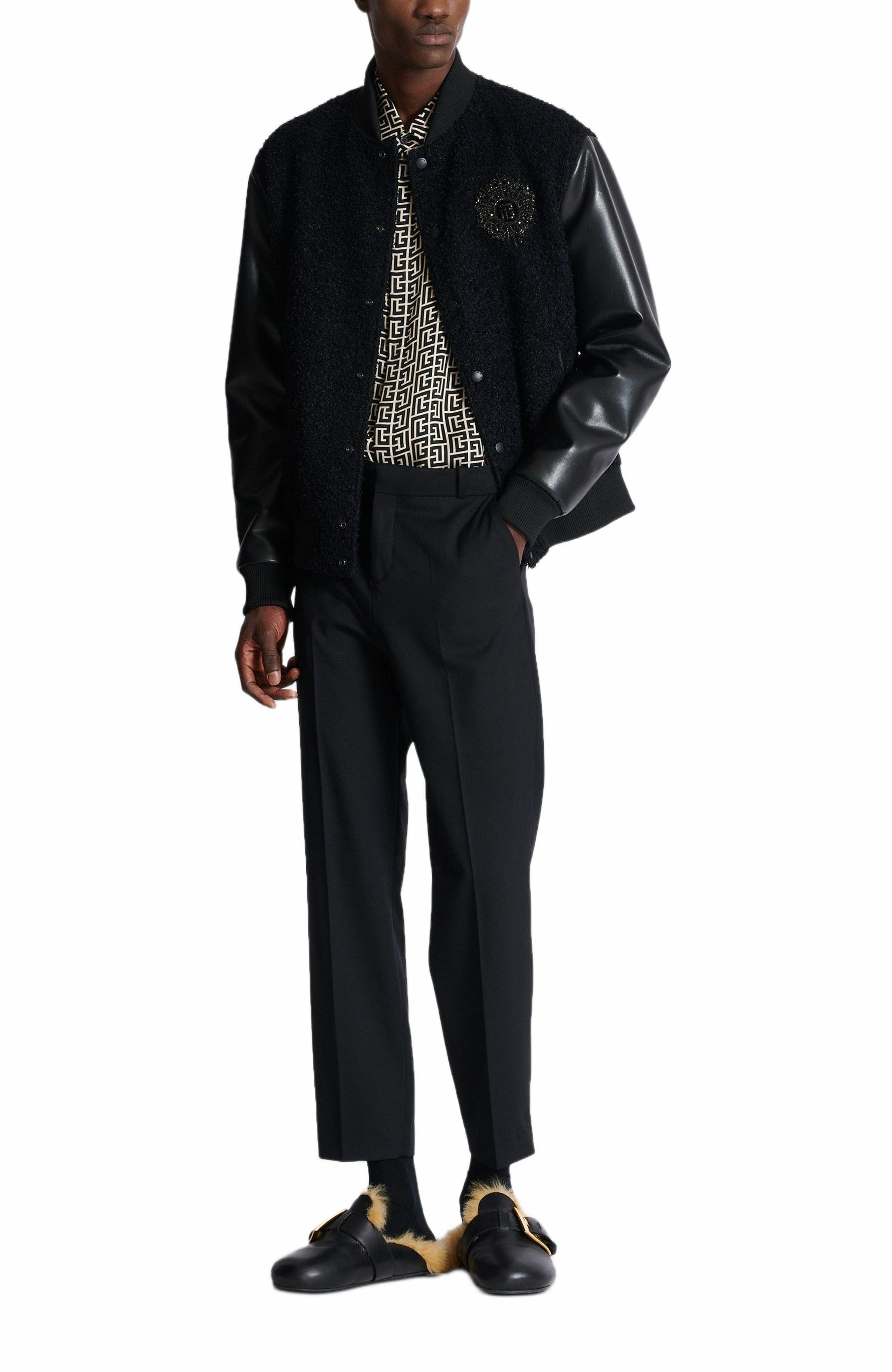 Balmain Varsity tweed and faux leather jacket in Black at Nordstrom - 2