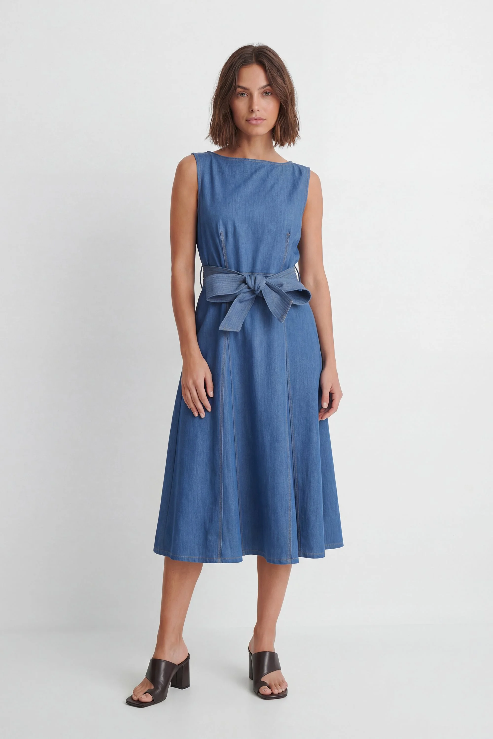 Denim Belted Full Skirt Tailored Dress - 1