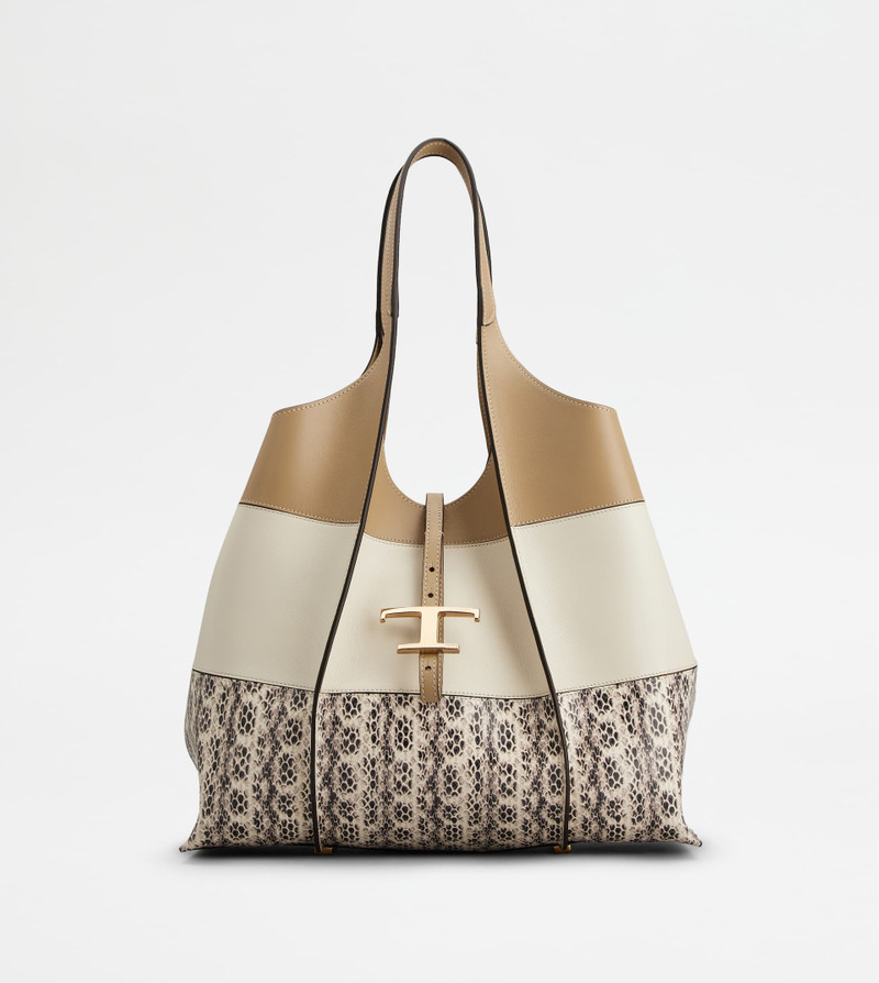 T TIMELESS SHOPPING BAG IN RAFFIA AND LEATHER MEDIUM - BEIGE, WHITE, BROWN 1