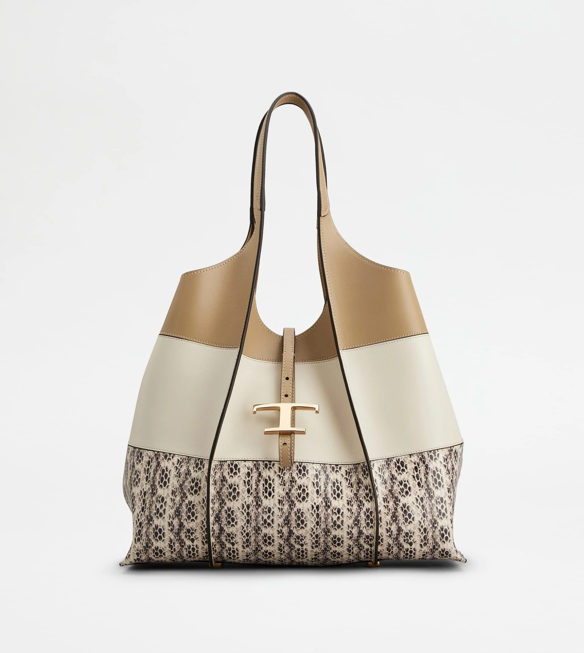 T TIMELESS SHOPPING BAG IN RAFFIA AND LEATHER MEDIUM - BEIGE, WHITE, BROWN - 1