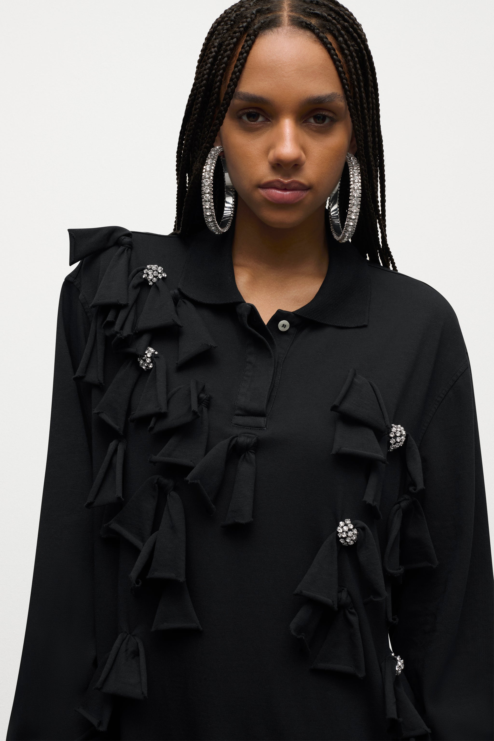 ALLOVER CRYSTAL EMBELLISHED BOW LONG SLEEVE POLO - 5