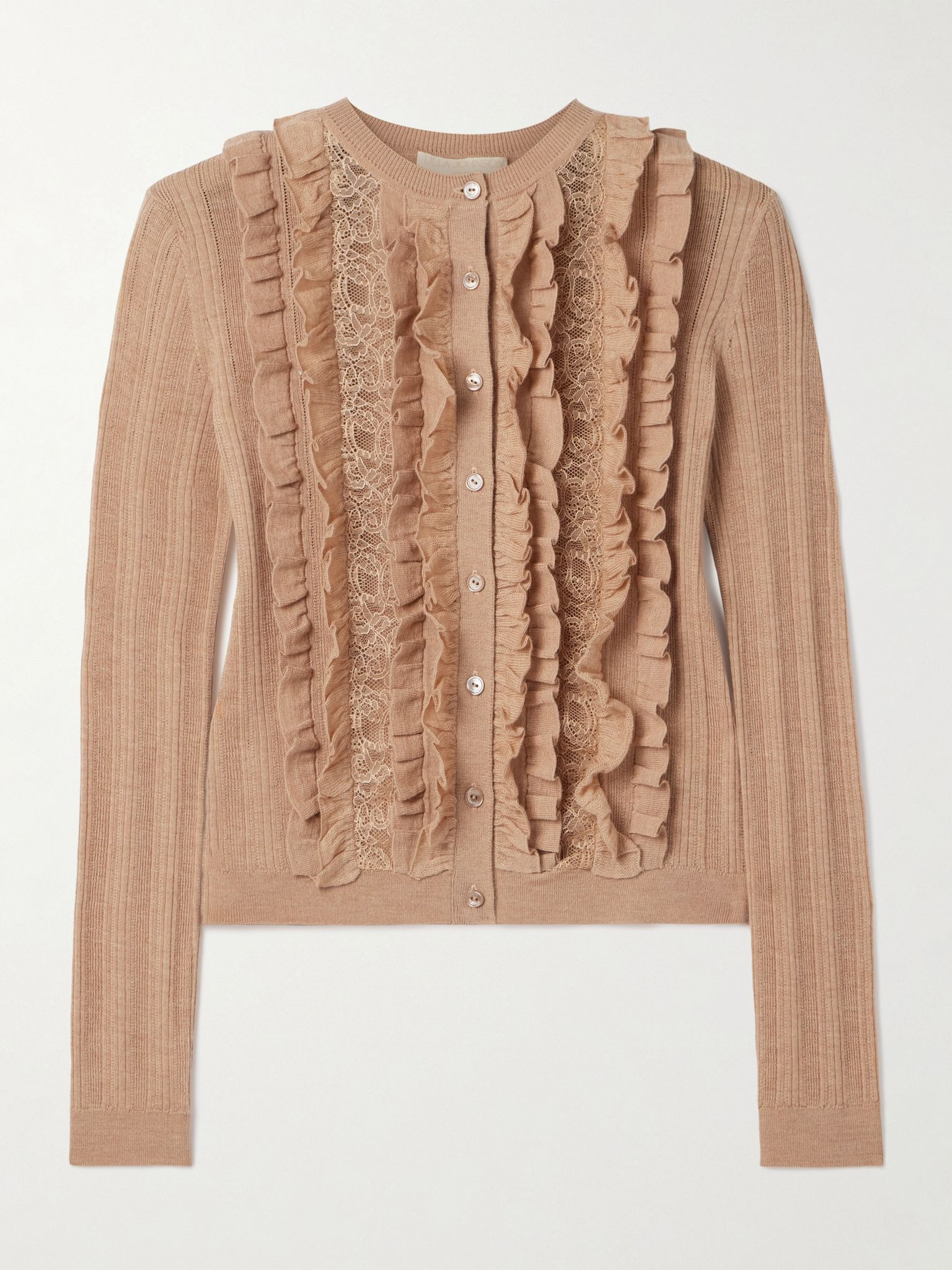 Maryel lace-trimmed ruffled ribbed merino wool cardigan Beige - 1