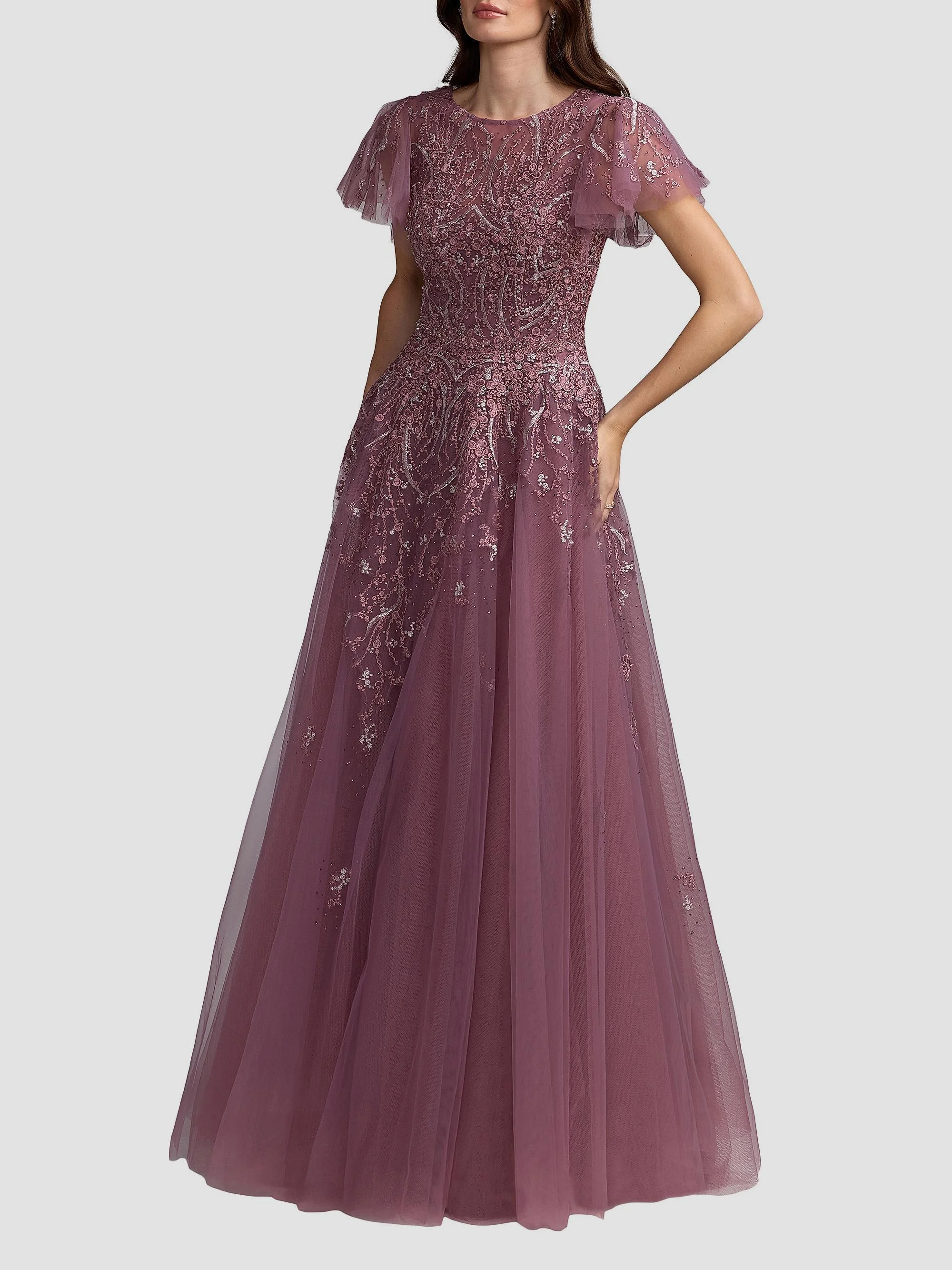 Women's Embroidered Tulle Flutter Sleeve Gown - Wisteria - 1