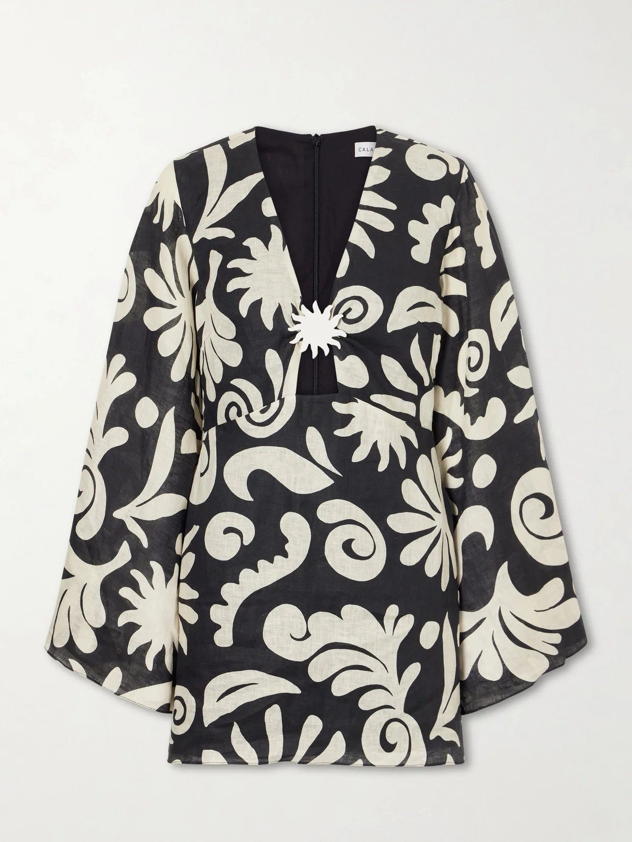 Vera Embellished Cutout Printed Linen Mini Dress - 1