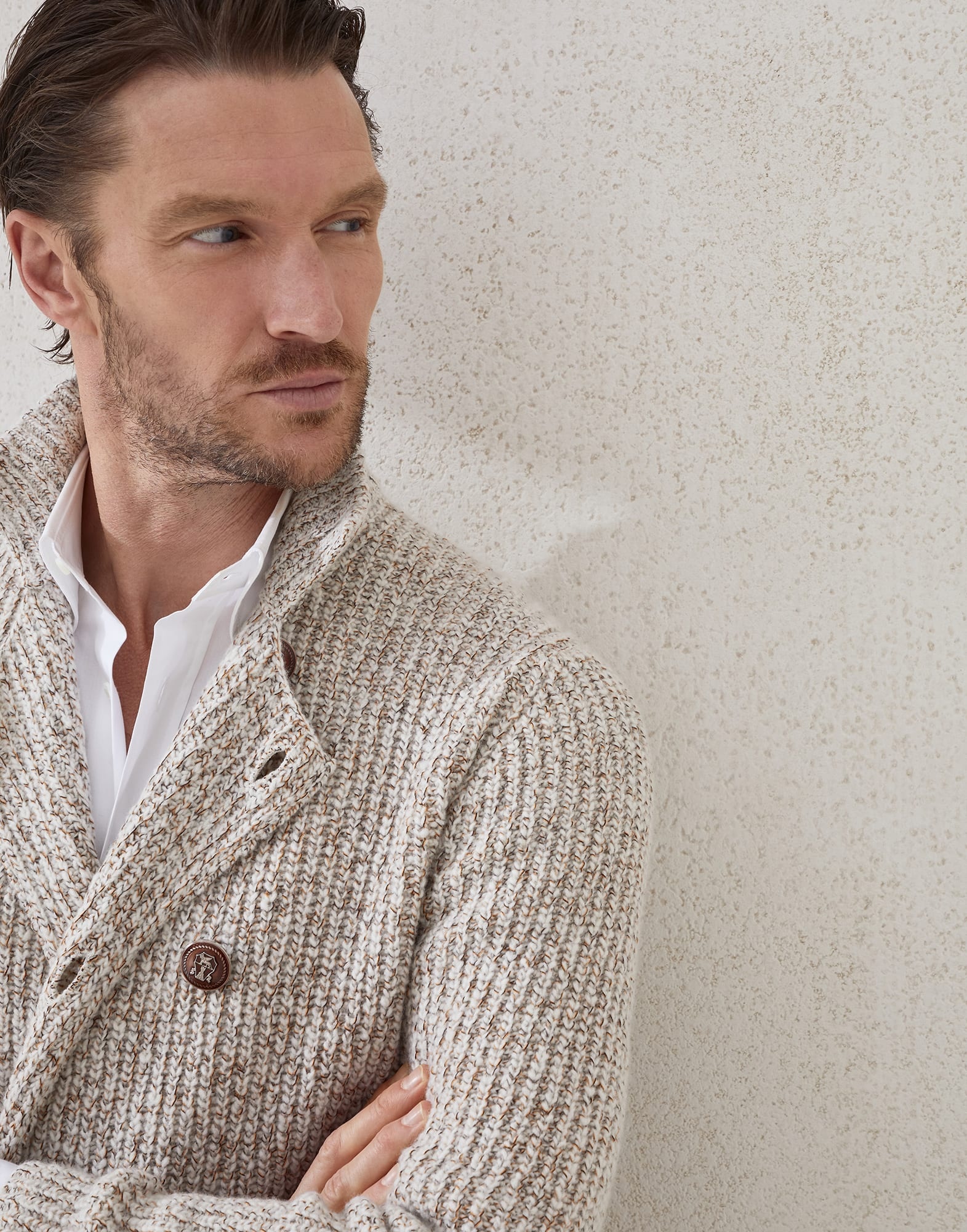 Mouliné virgin wool, silk and cashmere half English rib one-and-a-half breasted cardigan with metal  - 3