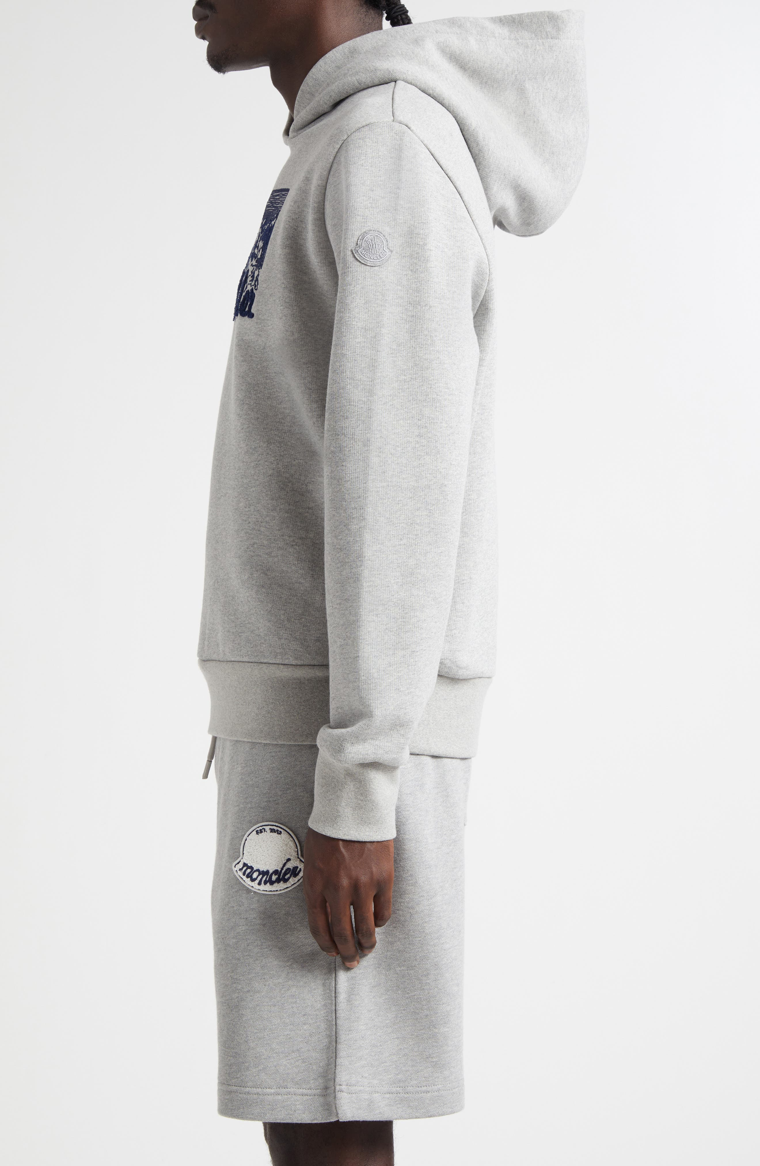 Moncler Embroidered Mountain Logo Cotton Hoodie in Extra Light Gray Melange at Nordstrom - 3