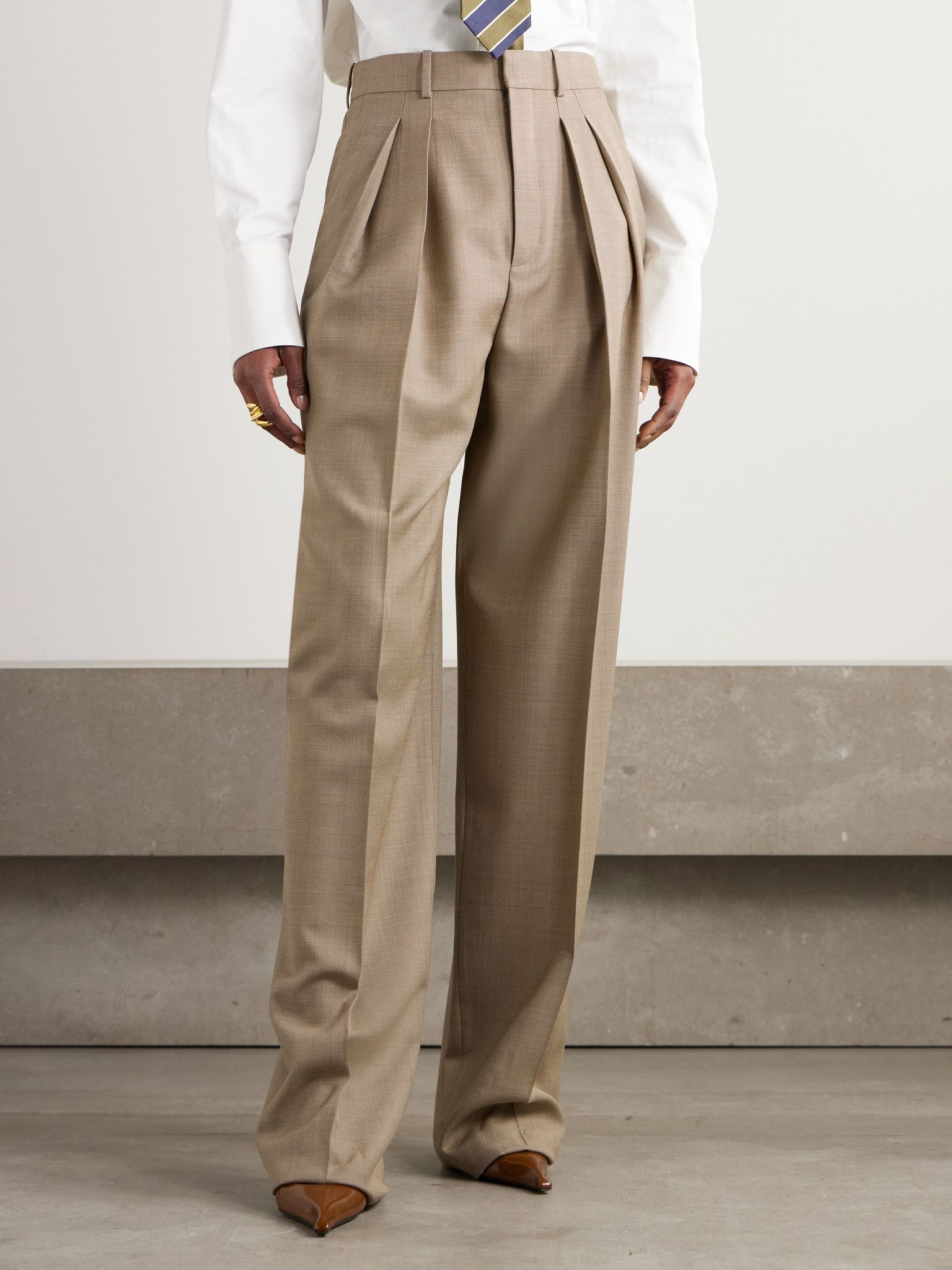 Pleated wool-canvas wide-leg pants Beige - 3