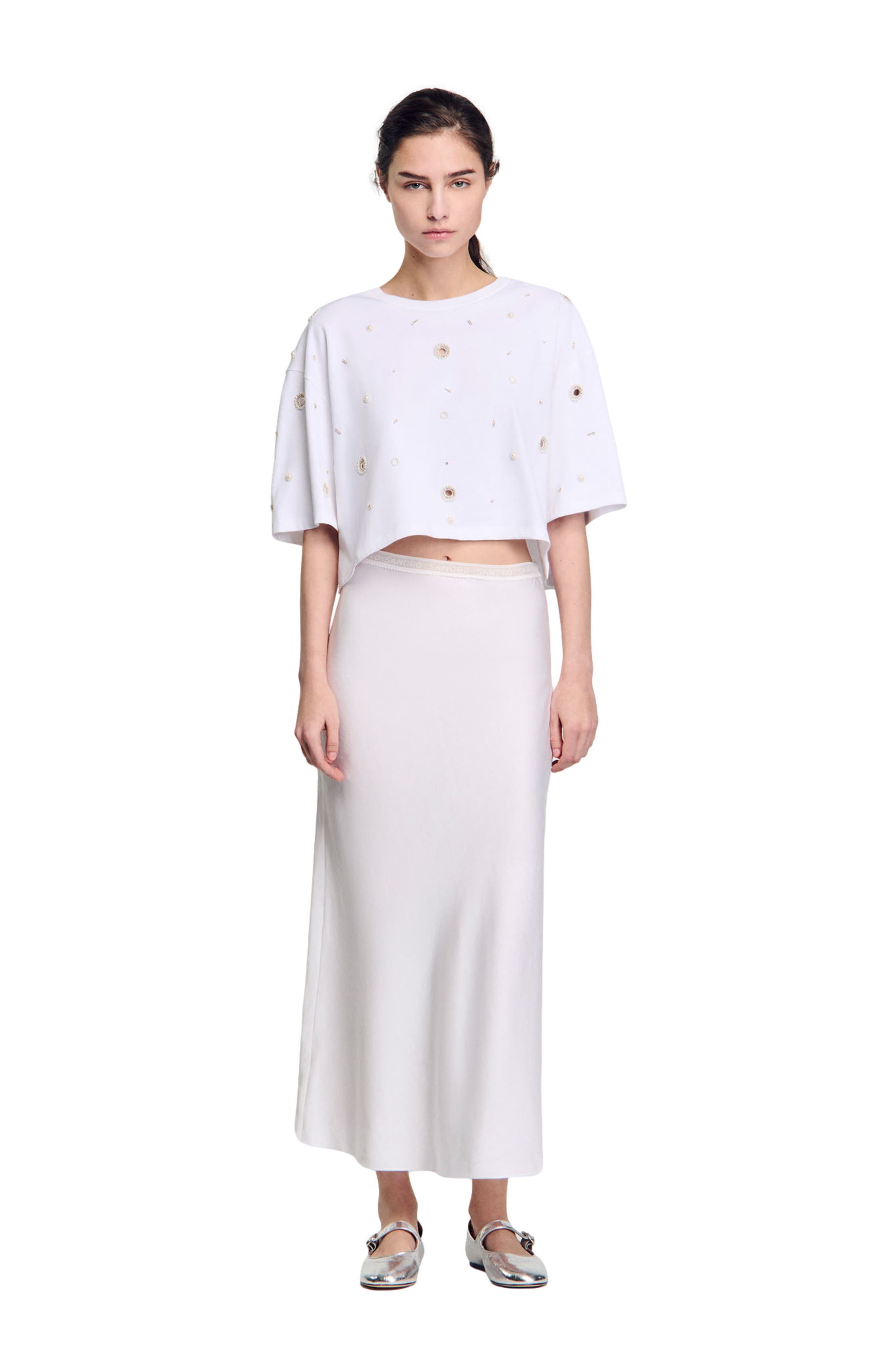SANDRO Cropped pearl bead T-shirt in White at Nordstrom - 6