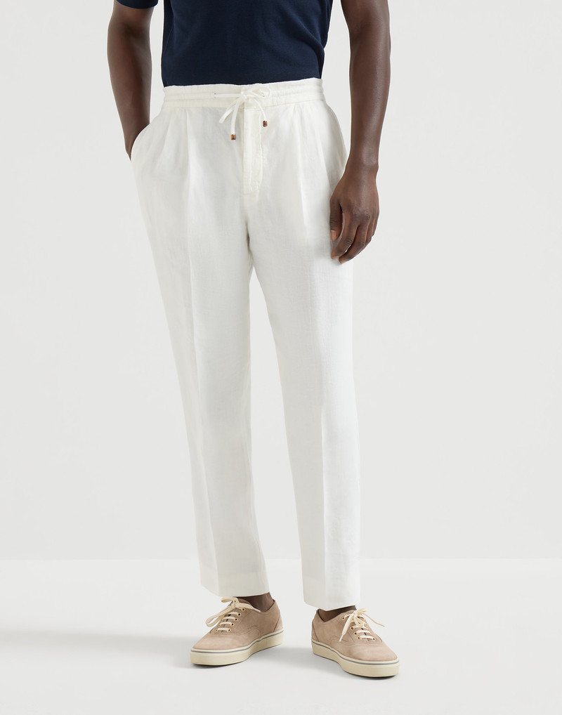 Garment-dyed trousers in linen gabardine with drawstring and double pleats 2