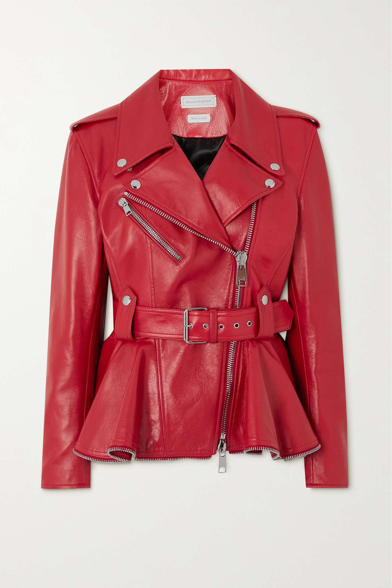 Belted zip-detailed leather peplum biker jacket 1