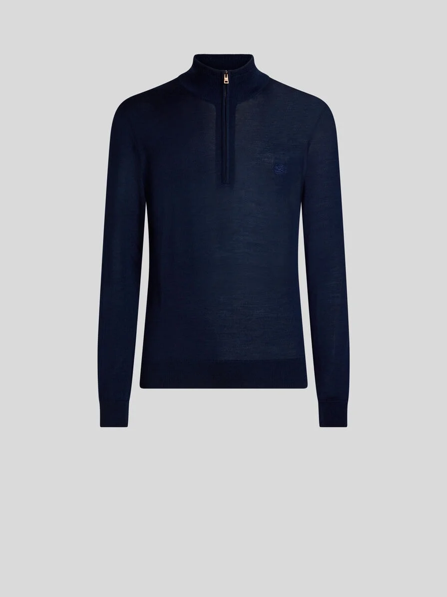 WOOL AND SILK SWEATER WITH ZIP AND PEGASO EMBROIDERY - 1