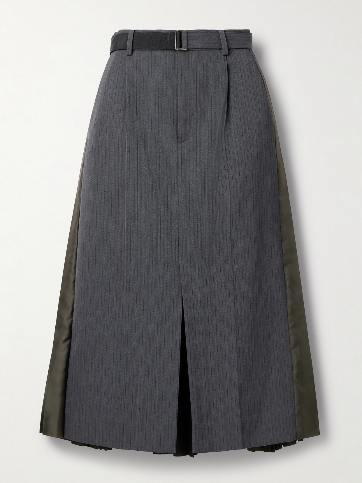 Belted Paneled Striped Woven And Pleated Satin-twill Midi Skirt - 1