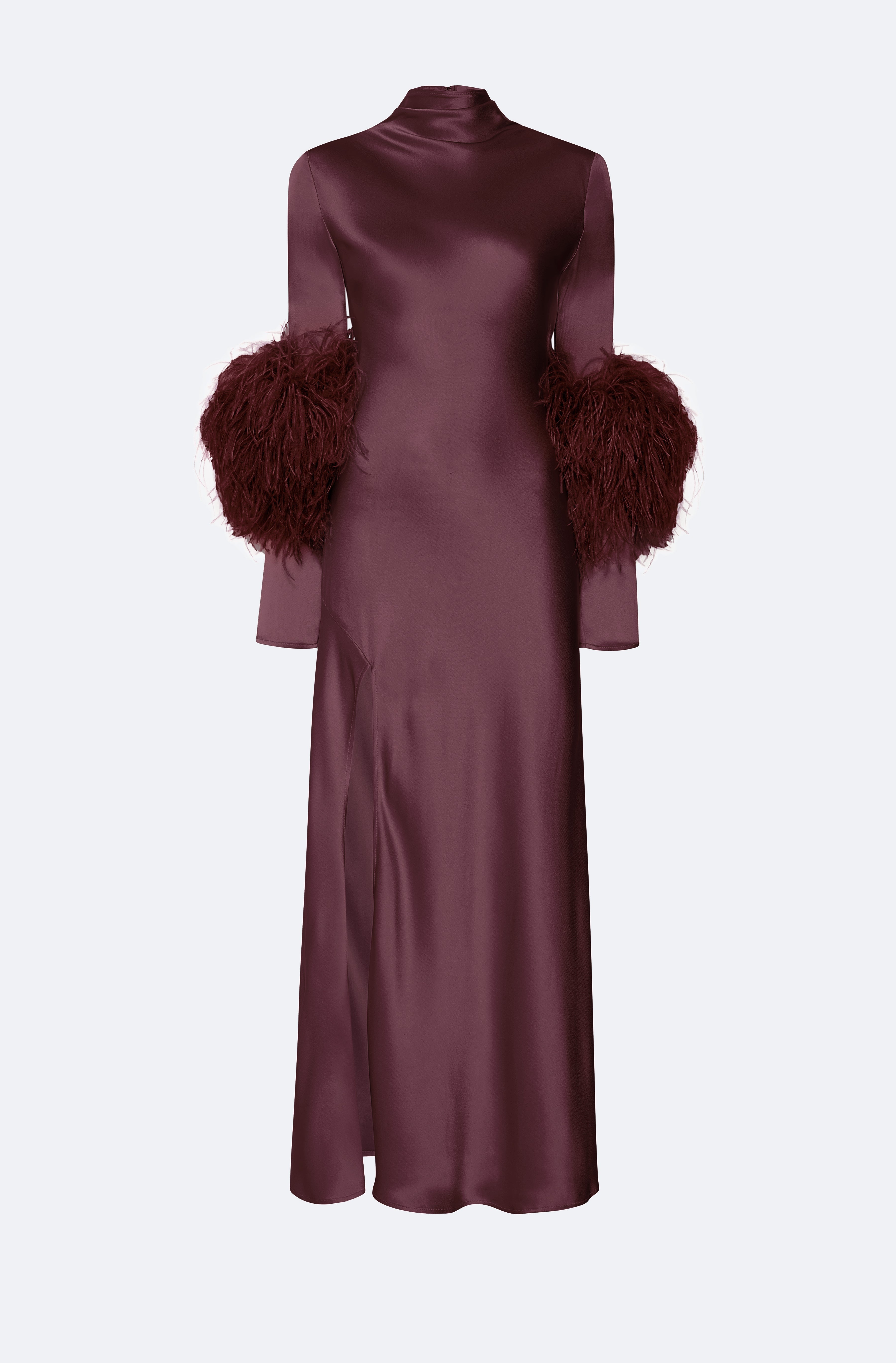 Satin Draped Neck Bias Dress With Feathers - 1