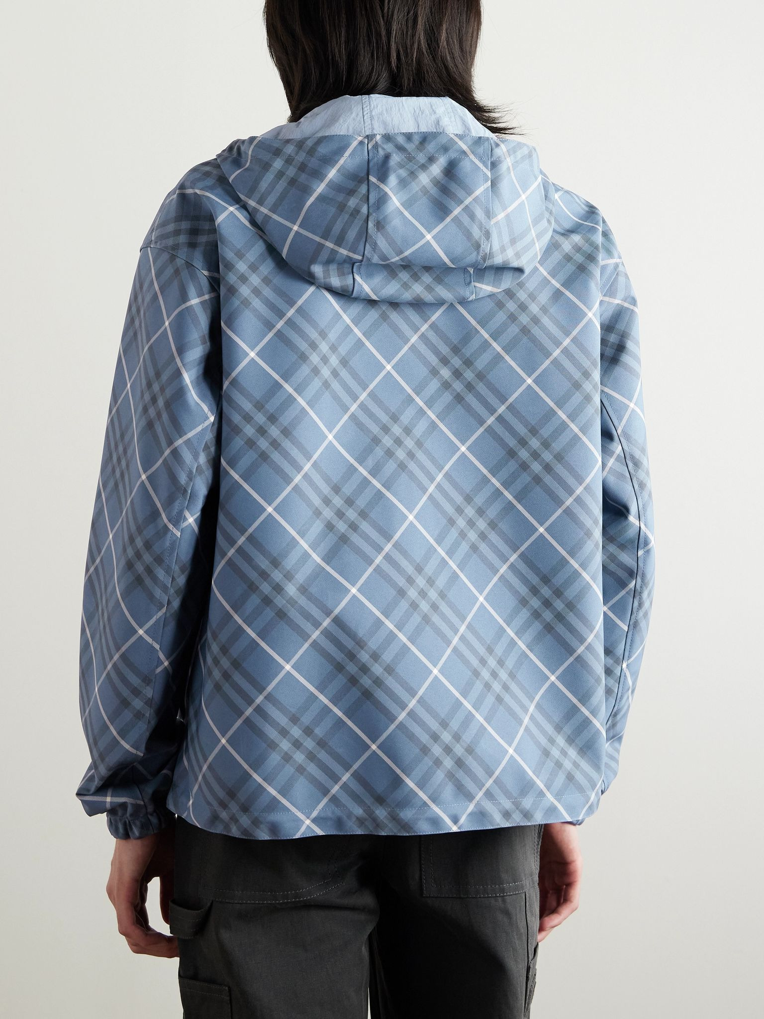 Oversized Reversible Logo-Appliquéd Checked Gabardine and Nylon Hooded Jacket Navy - 3