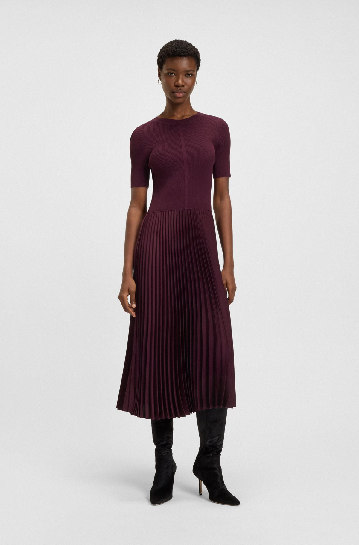 MIXED-MATERIAL DRESS WITH PLISSÉ SKIRT - 2
