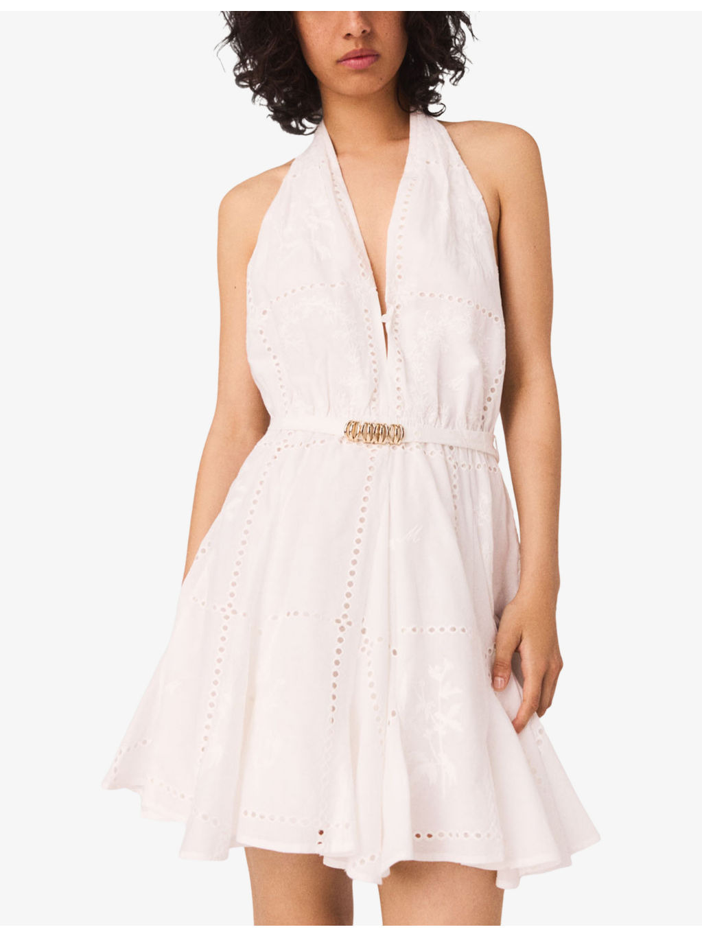 Ring-Embellished Halter-Neck Embroidered Cotton Mini Dress - 3
