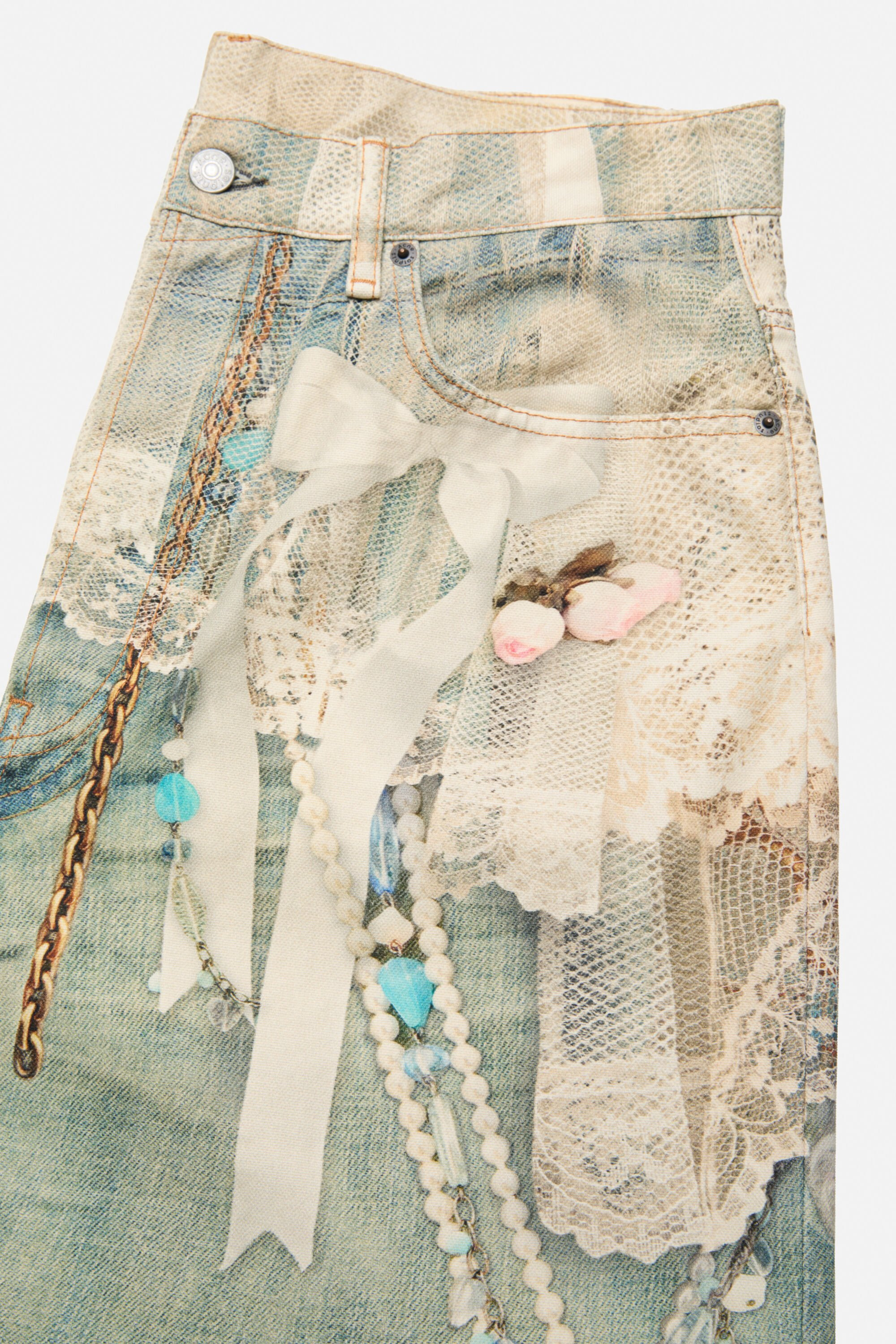 Denim shorts - loose fit - White/green - 5