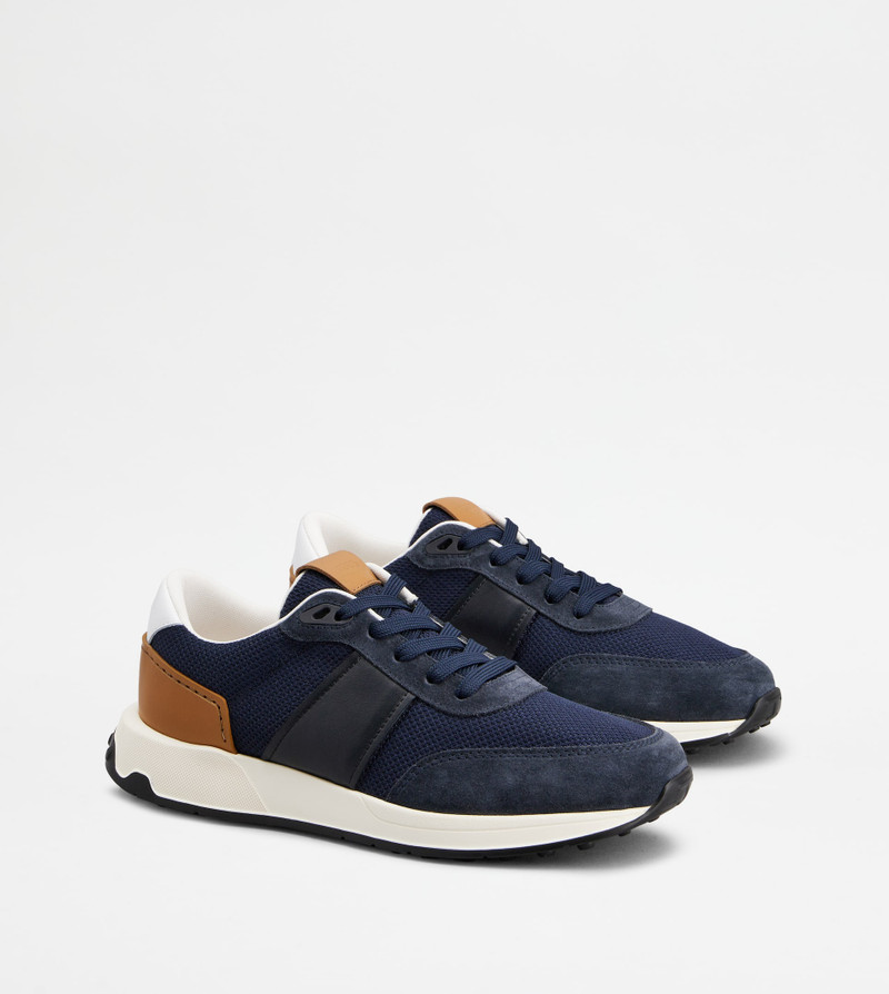 SNEAKERS IN LEATHER AND TECHNICAL FABRIC - WHITE, BLUE, BROWN 2