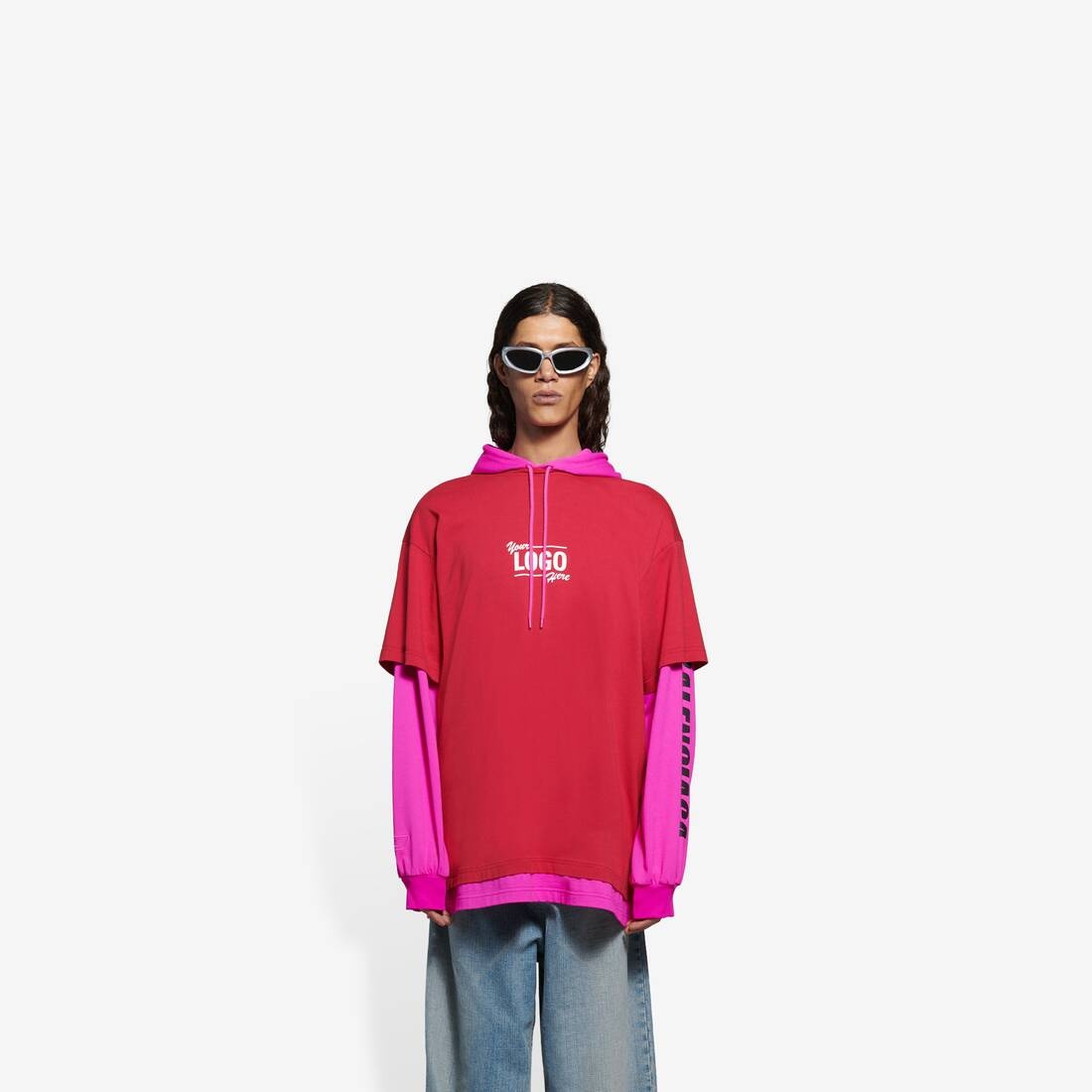 BALENCIAGA Your Logo Here Hooded T-shirt in Raspberry/white 
