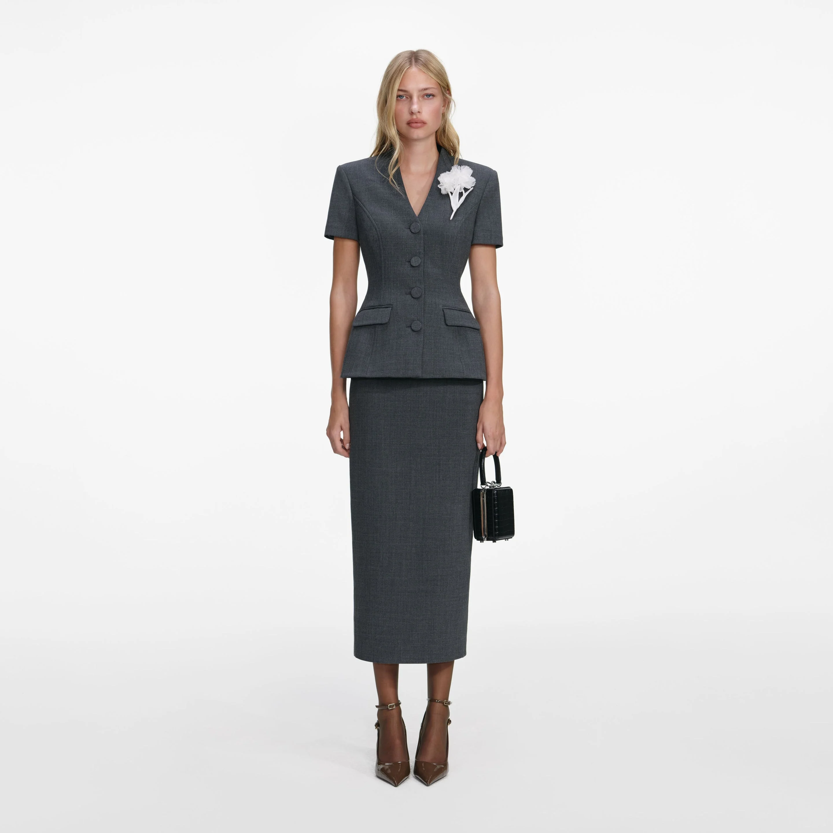 Grey Tailored Flower Detail Midi Dress - 1