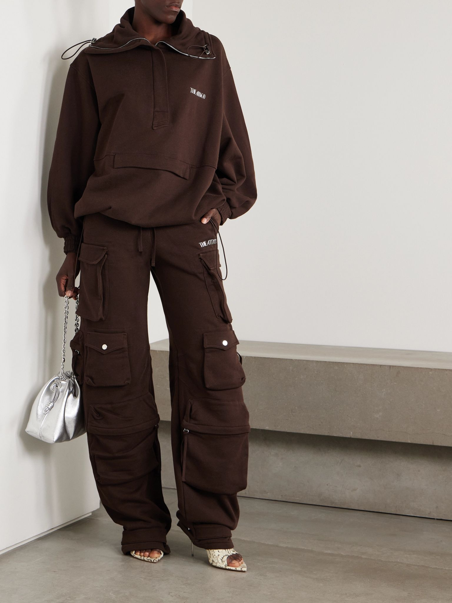 Appliquéd stretch-cotton jersey wide-leg cargo pants Brown - 2