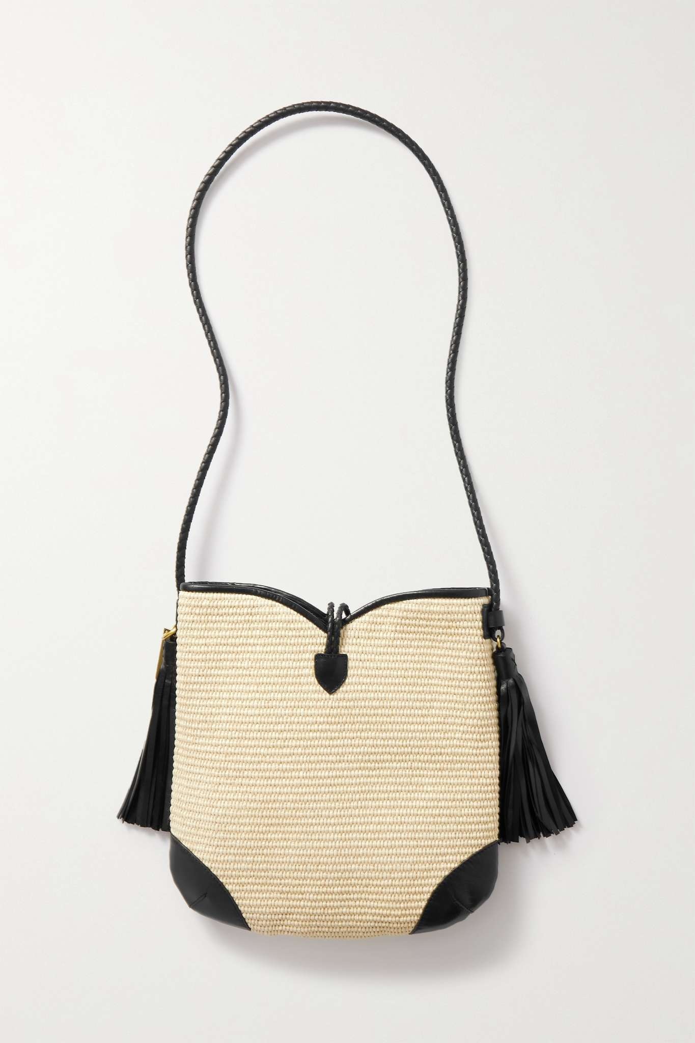 Tyag tasseled leather-trimmed woven raffia shoulder bag - 3