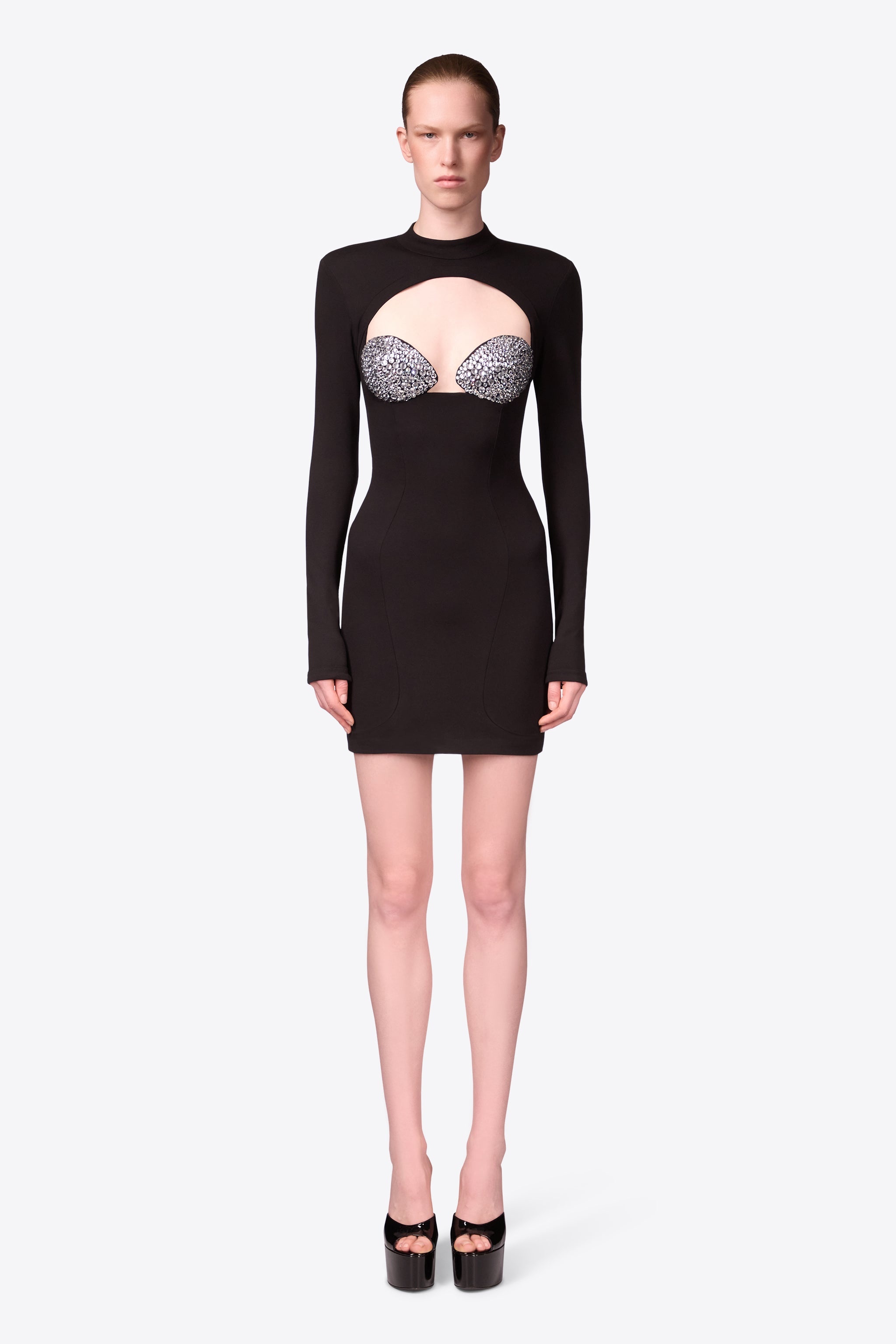 CRYSTAL EMBELLISHED BUSTIER CUP LONG SLEEVE DRESS - 3