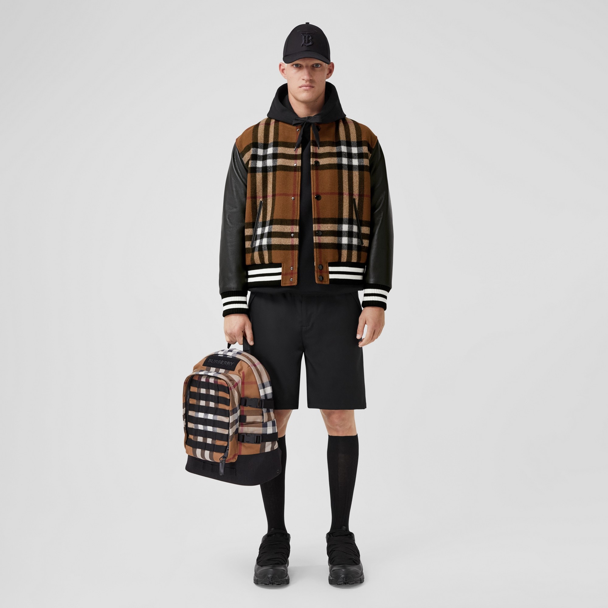 Check Technical Wool and Leather Bomber Jacket - 3