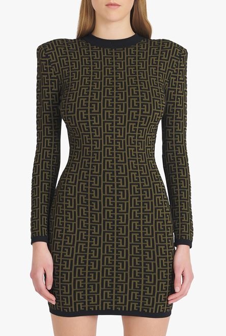 Short khaki and black wool dress with monogram print - 5