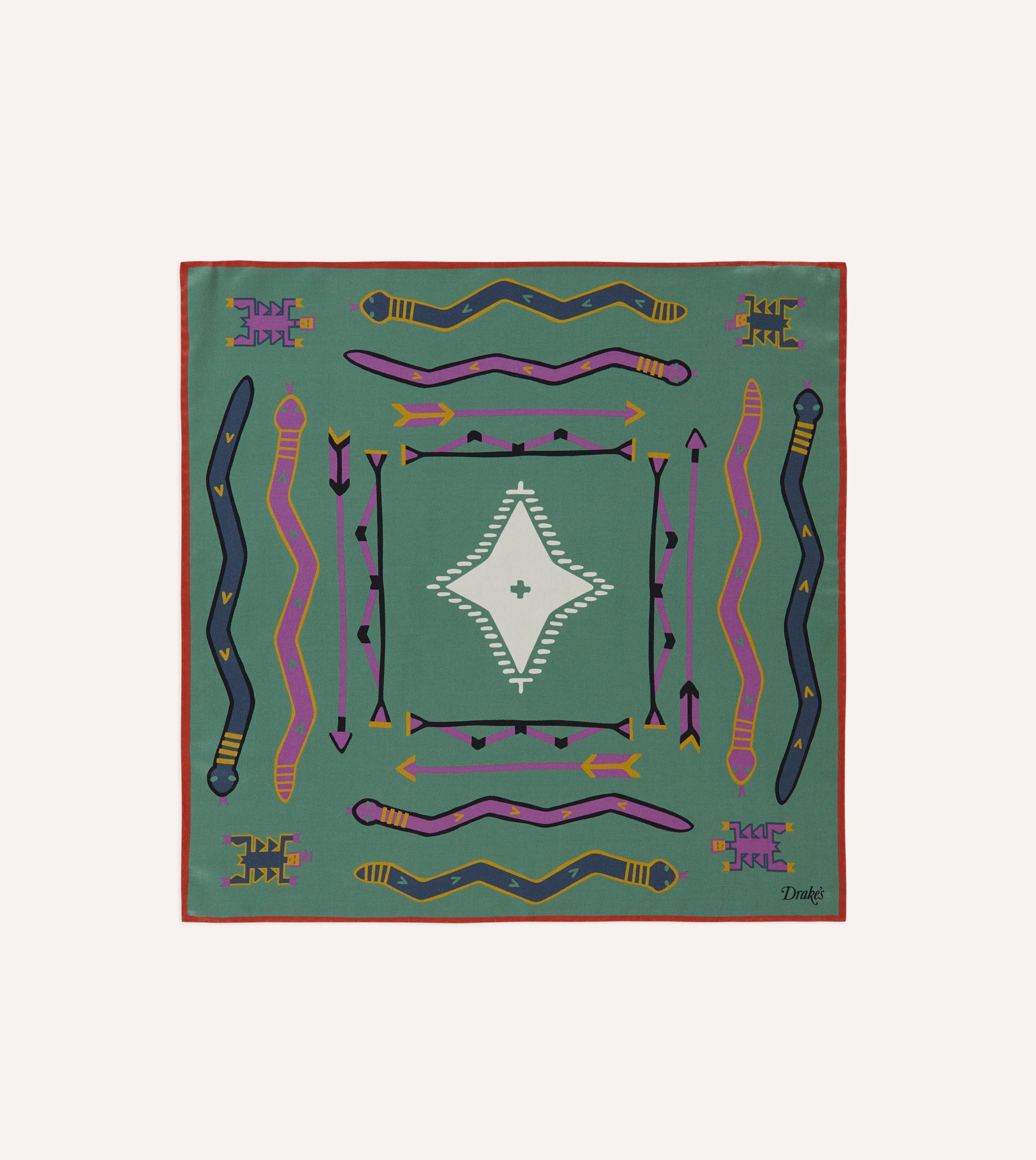 Olive and Rust Tribal Print Silk Pocket Square - 1