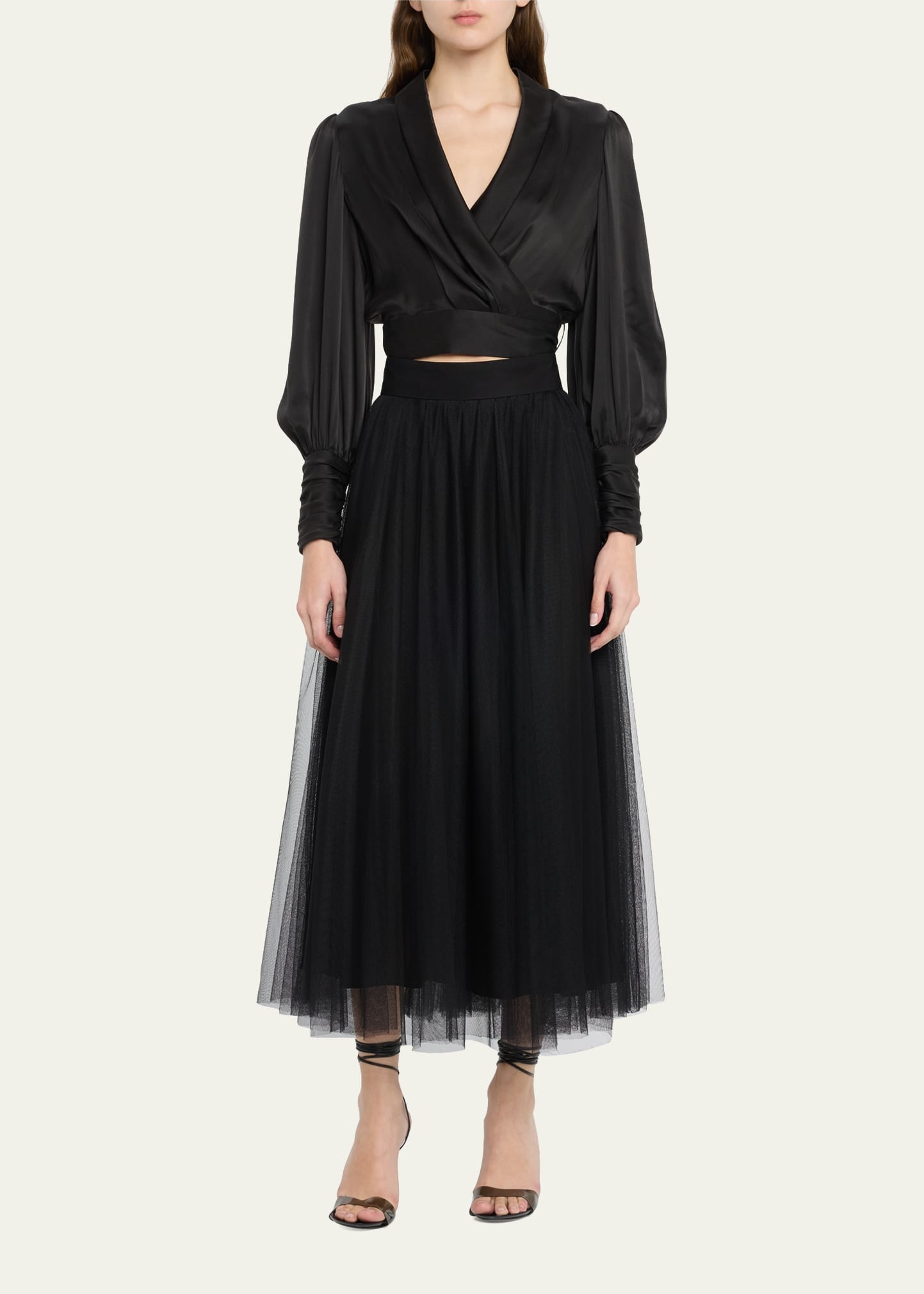 Silk Blouson-Sleeve Wrap Top - 2