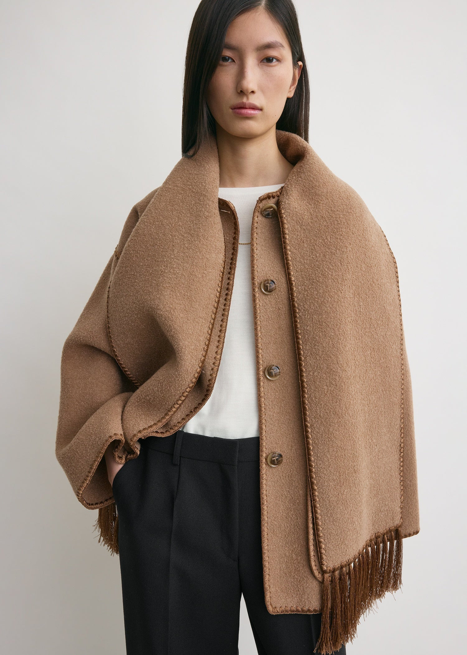 Embroidered scarf jacket camel - 5