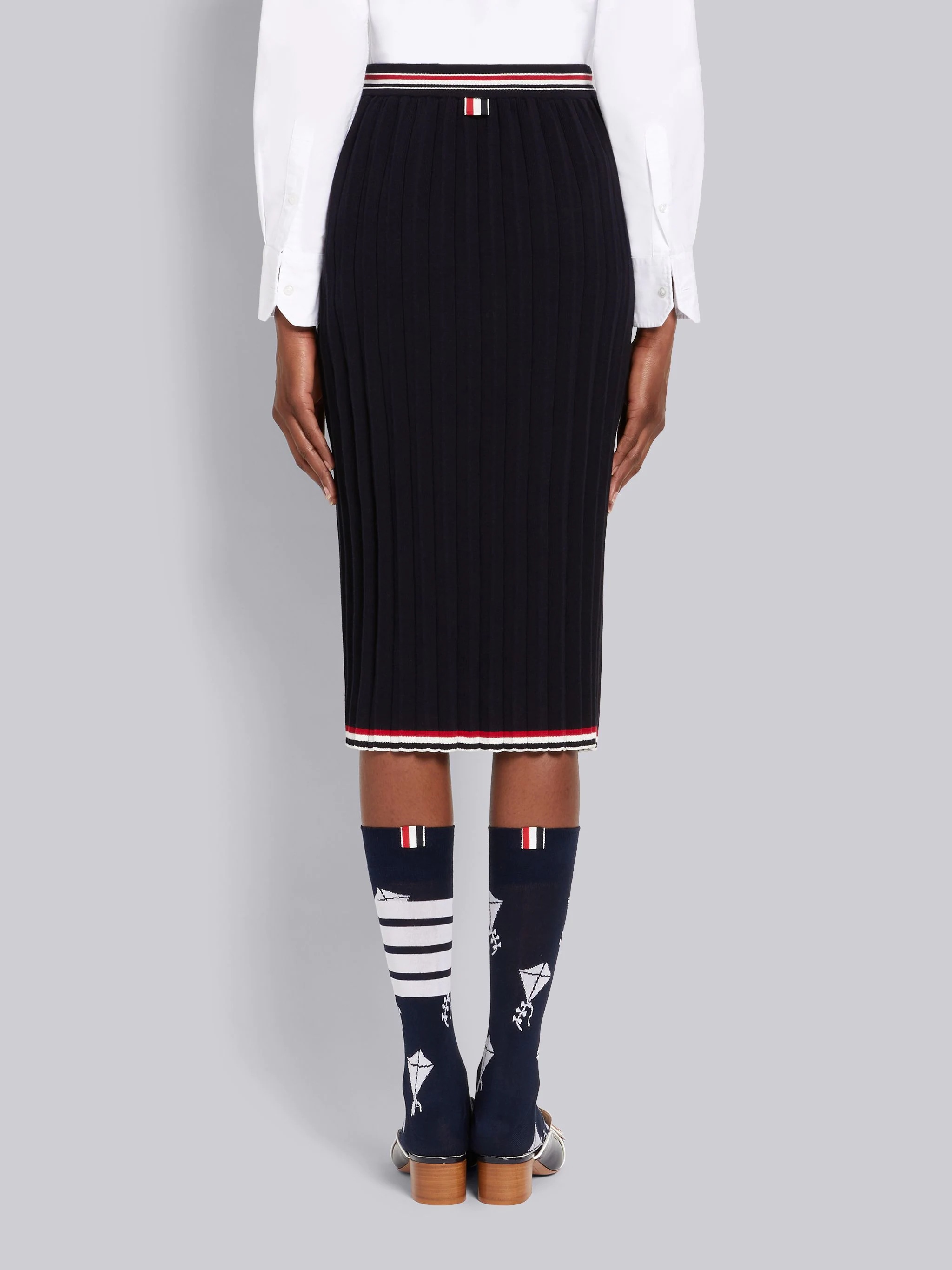 Navy Cable Texture Overtwisted Cotton Stripe Framing Accordion Pleat Knee Length Skirt - 3