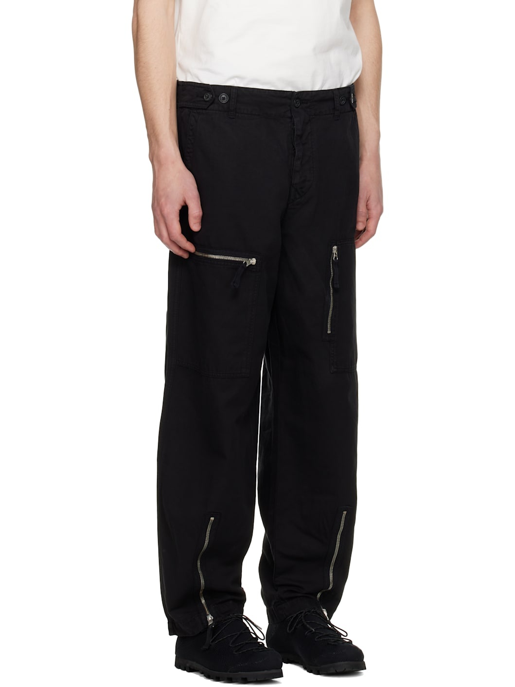 Black Cotton Linen Cargo Pants - 2